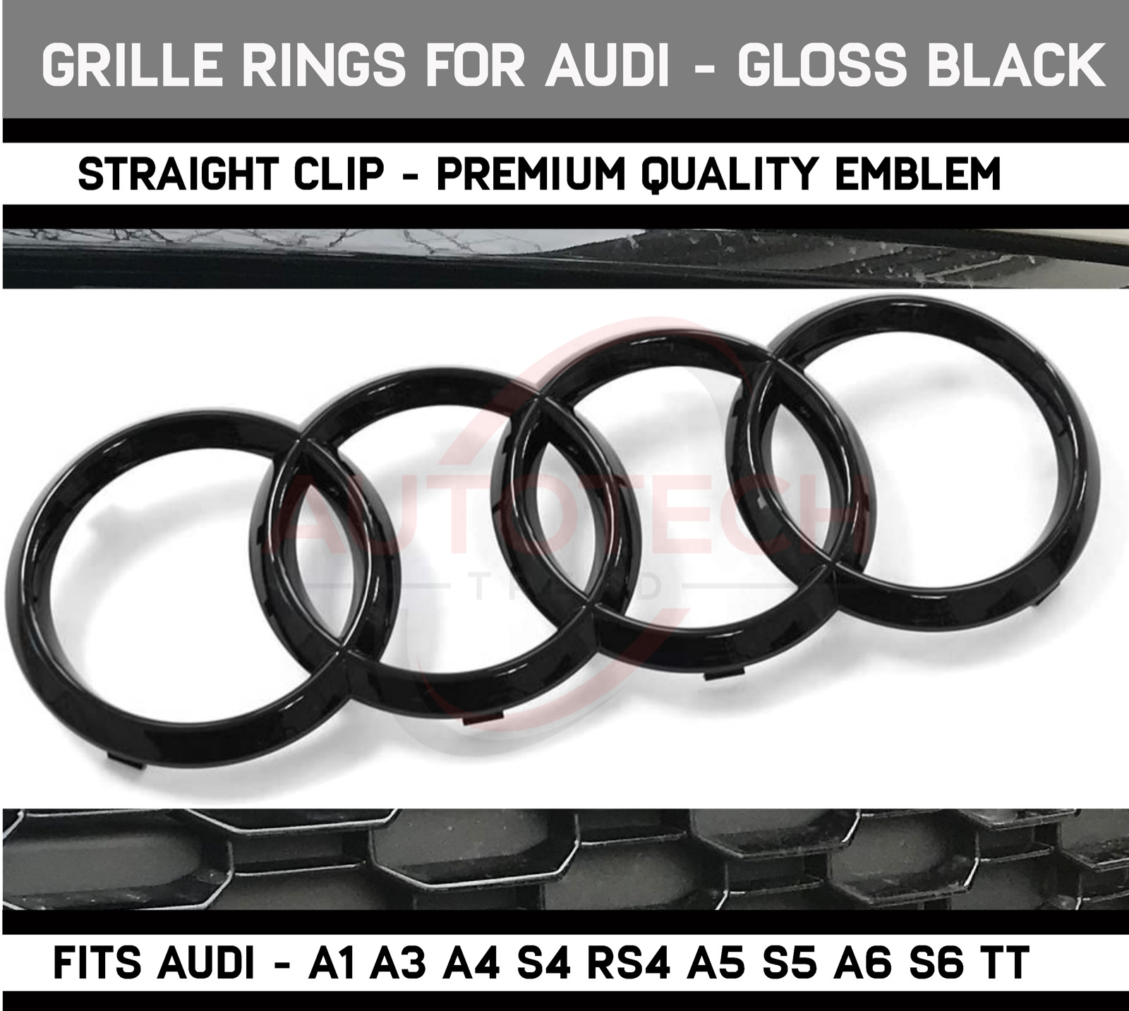 Audi Front Grille Hood Emblem Gloss Black Rings Badge A1 A3 A4 S4 A5 S5 A6 S6 TT