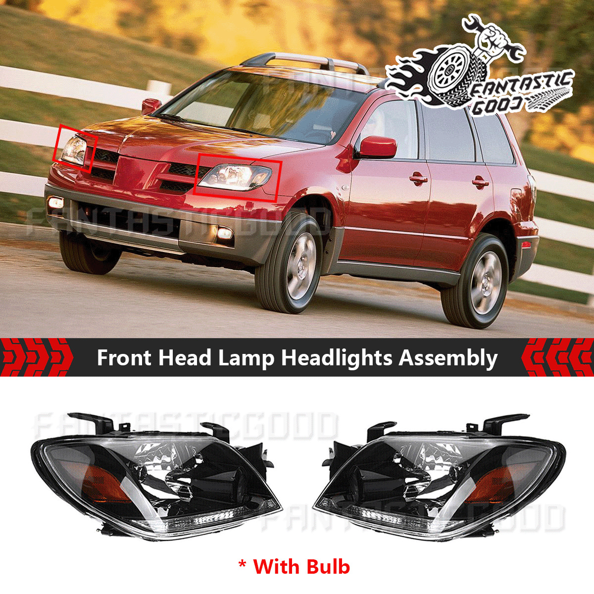 For Mitsubishi Outlander 03-2006 2Pcs Front Headlight Head Lamp W/ Blub Assembly