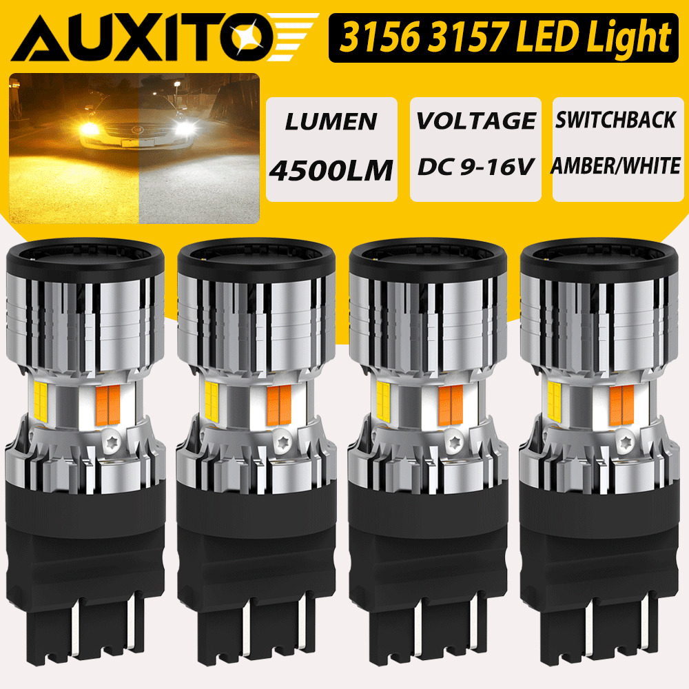 4PCS Switchback LED Turn Signal Blinker DRL Parking Light Bulbs 3157 White Amber