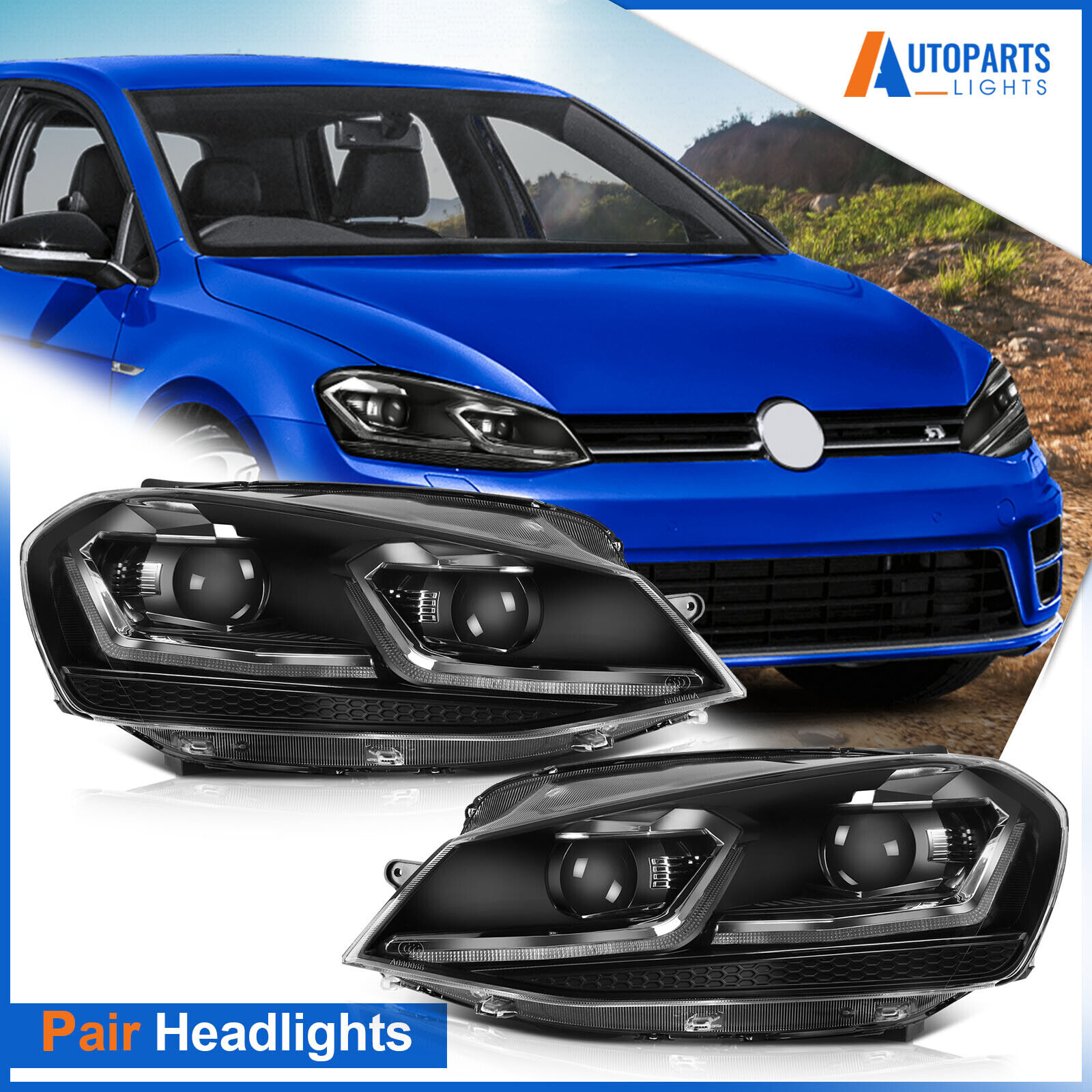 For 2014-2019 Volkswagen Golf MK7 Black Full LED Projector Headlights W/ DRL Set