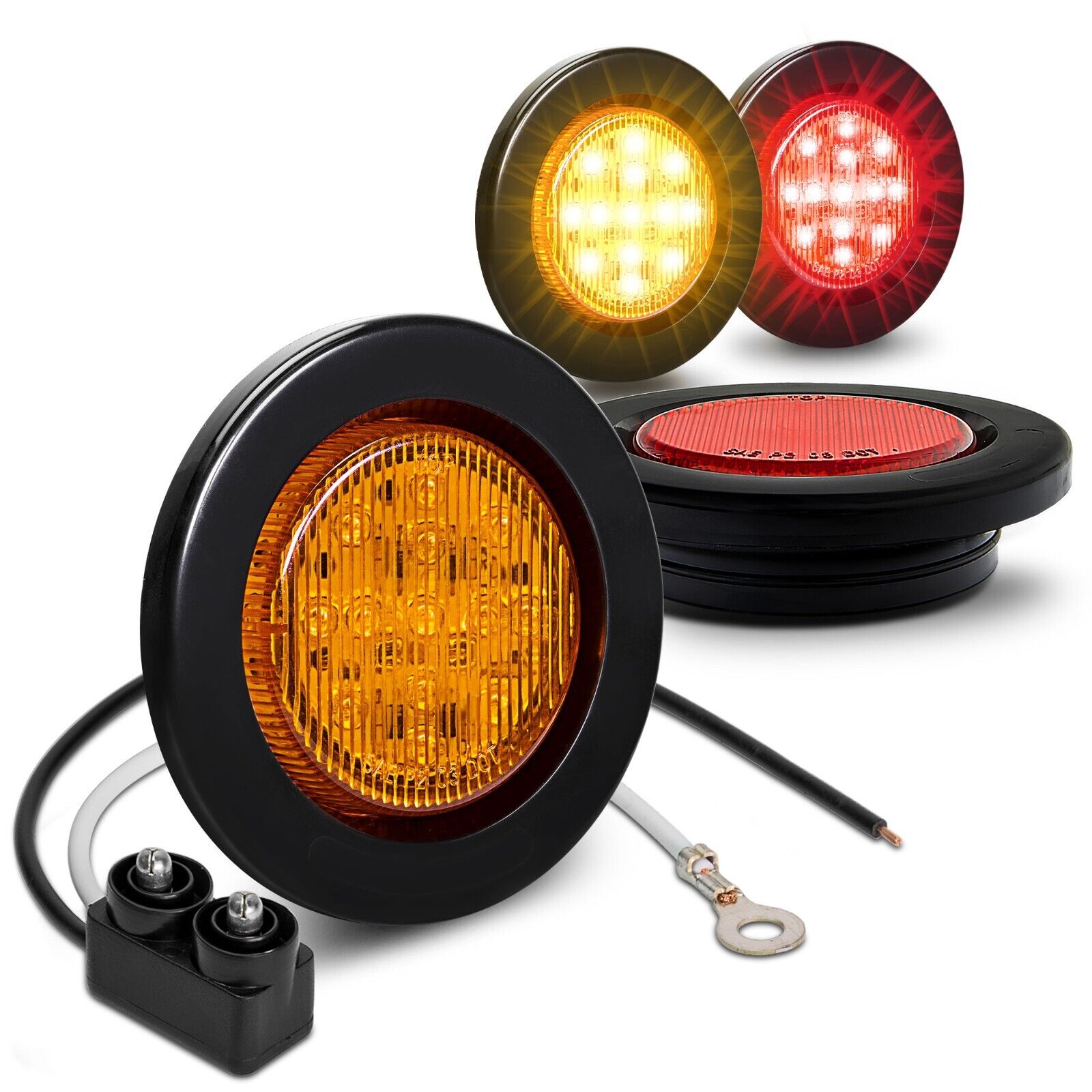 4pc DOT Grommet Flush-Mount Amber + Red 2.5 Inch Round Trailer LED Marker Lights