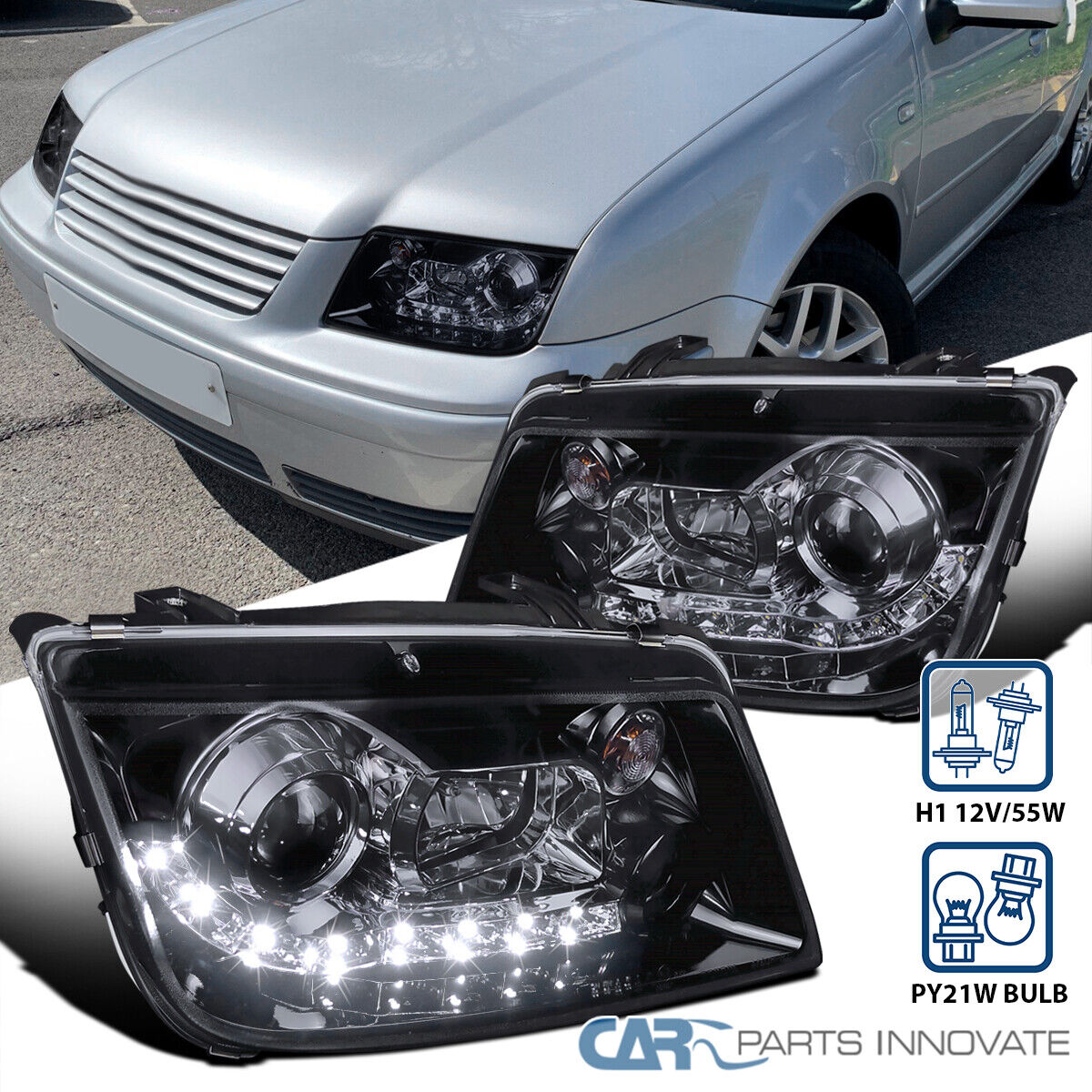 Fits 99-05 VW Jetta Mk4 Glossy Black LED Strip Projector Headlights Head Lamps