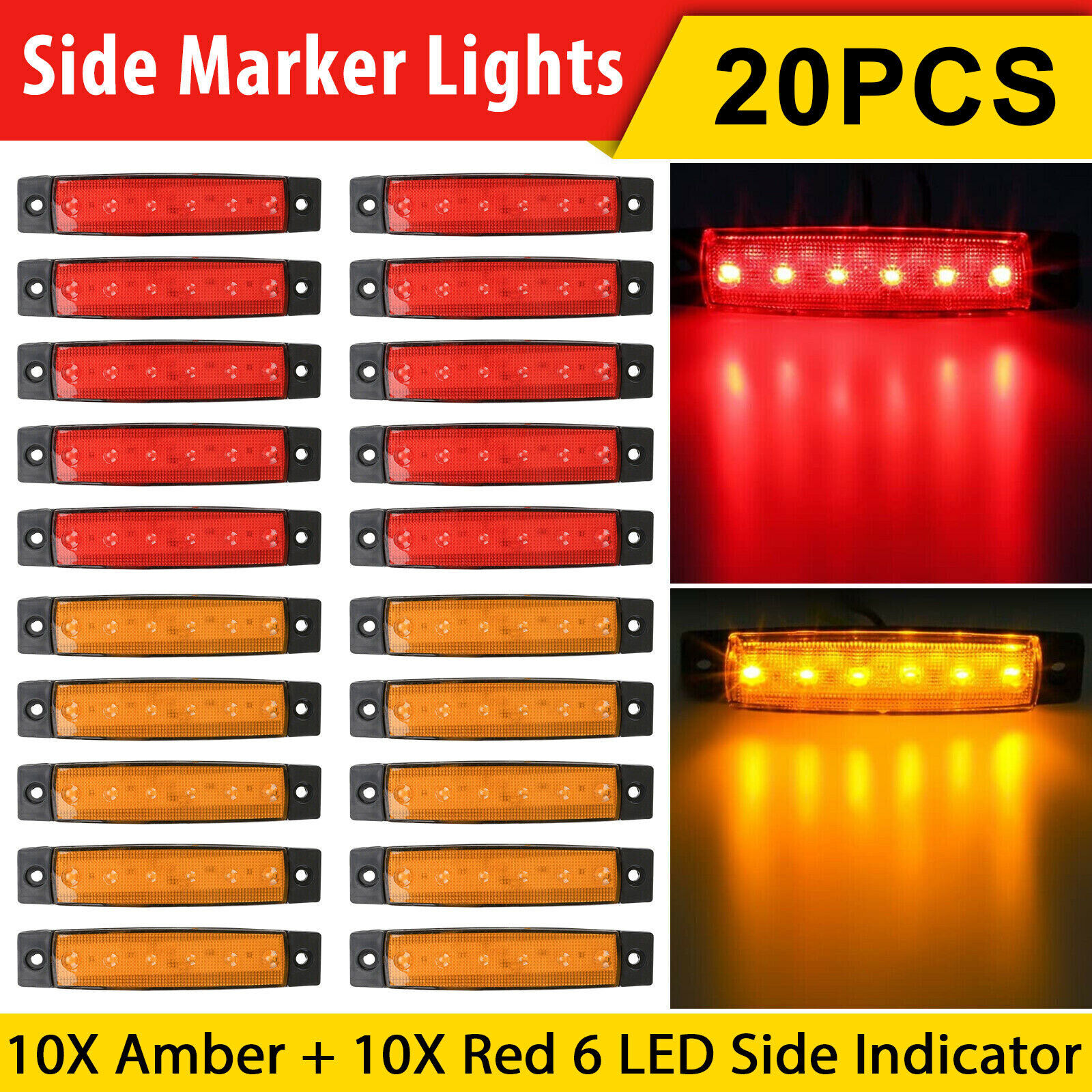 10X Amber + 10X Red 12V 6 LED Side Marker Indicator Lights Car Truck Trailer US
