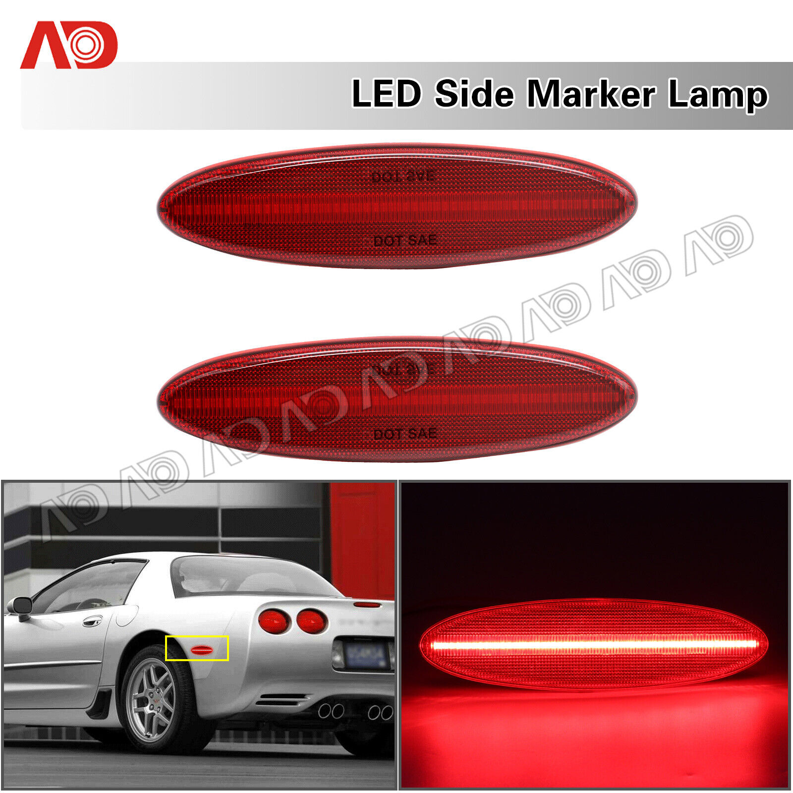 For Chevrolet Corvette C5 1997-2004 LED Side Marker Light Rear Red Lens 2PCS