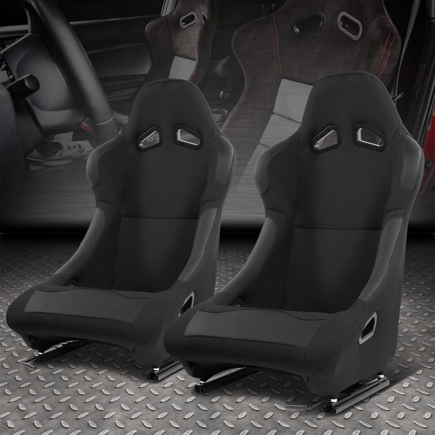 Pair Universal Black Woven Fabric Fixed Position Racing Bucket Seats w/ Sliders