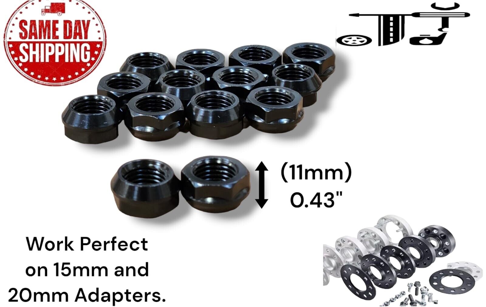 24 PCs BLACK 14X1.5 OPEN END BULGE ACORN LUG NUTS FOR 15MM OR 20MM ADAPTERS