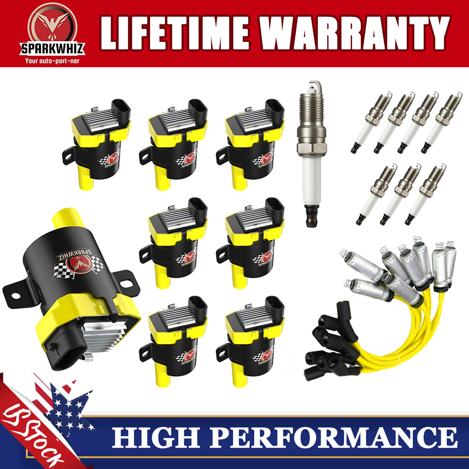Set of 8pcs Round Ignition Coil Pack UF262 with 8pcs Spark Plug and Wire Set