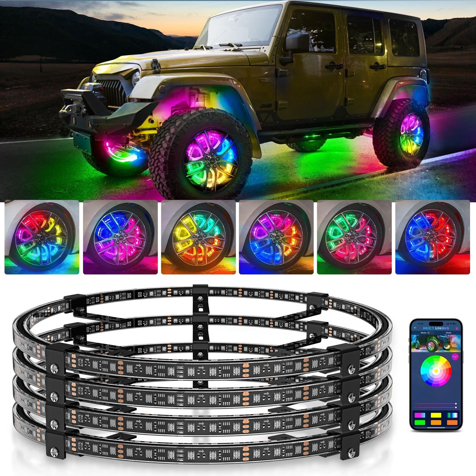MICTUNING 17inch V1 RGB+IC Chasing Color Wheel Ring Lights Kit with APP Contr...