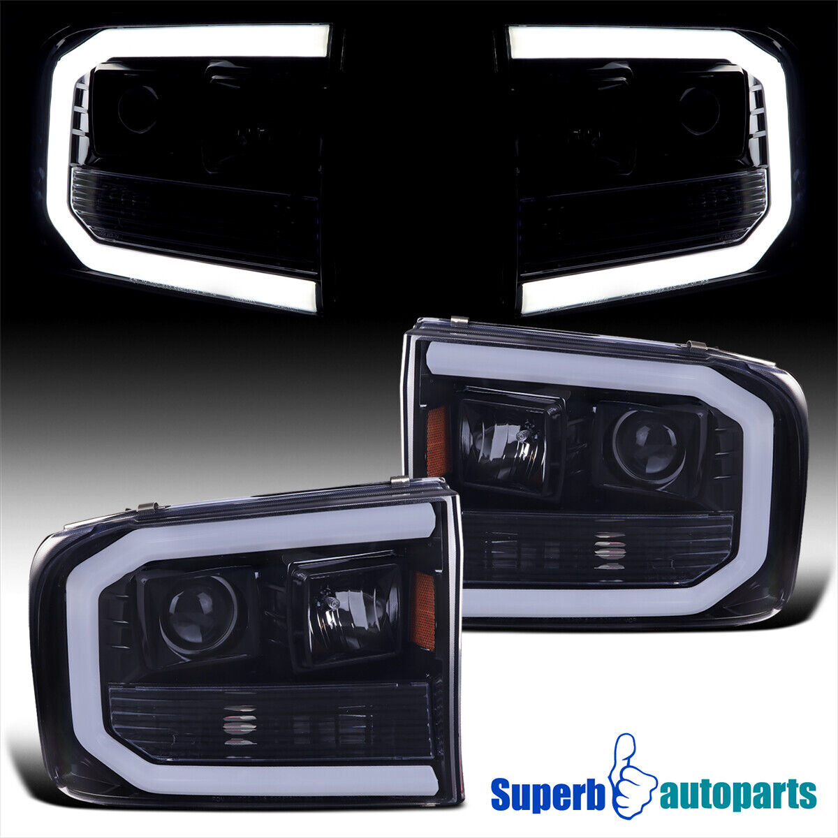 Fit 1999-2004 Ford F250 F350 SuperDuty LED Tube Smoke Projector Headlights