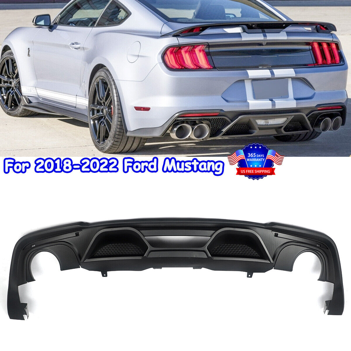 For 2018-22 Ford Mustang GT500 Style Black Rear Bumper Lip Quad Tips Diffuser