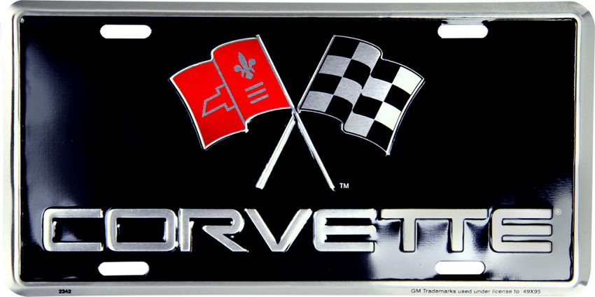 CORVETTE WITH RACING FLAGS EMBOSSED METAL NOVELTY LICENSE PLATE TAG