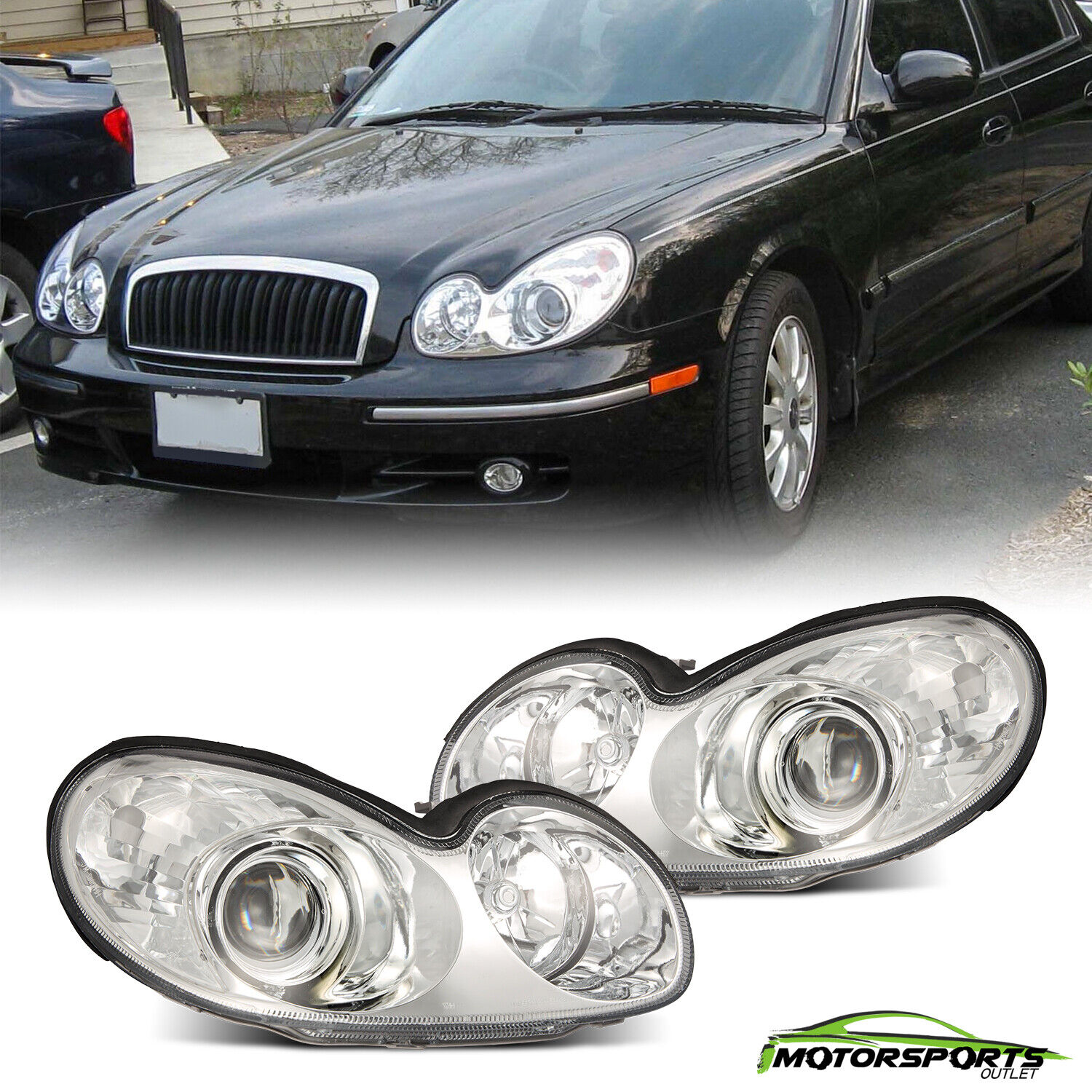 For 2002-2005 Hyundai Sonata Clear Lens Chrome Headlights Head Lamp Pair