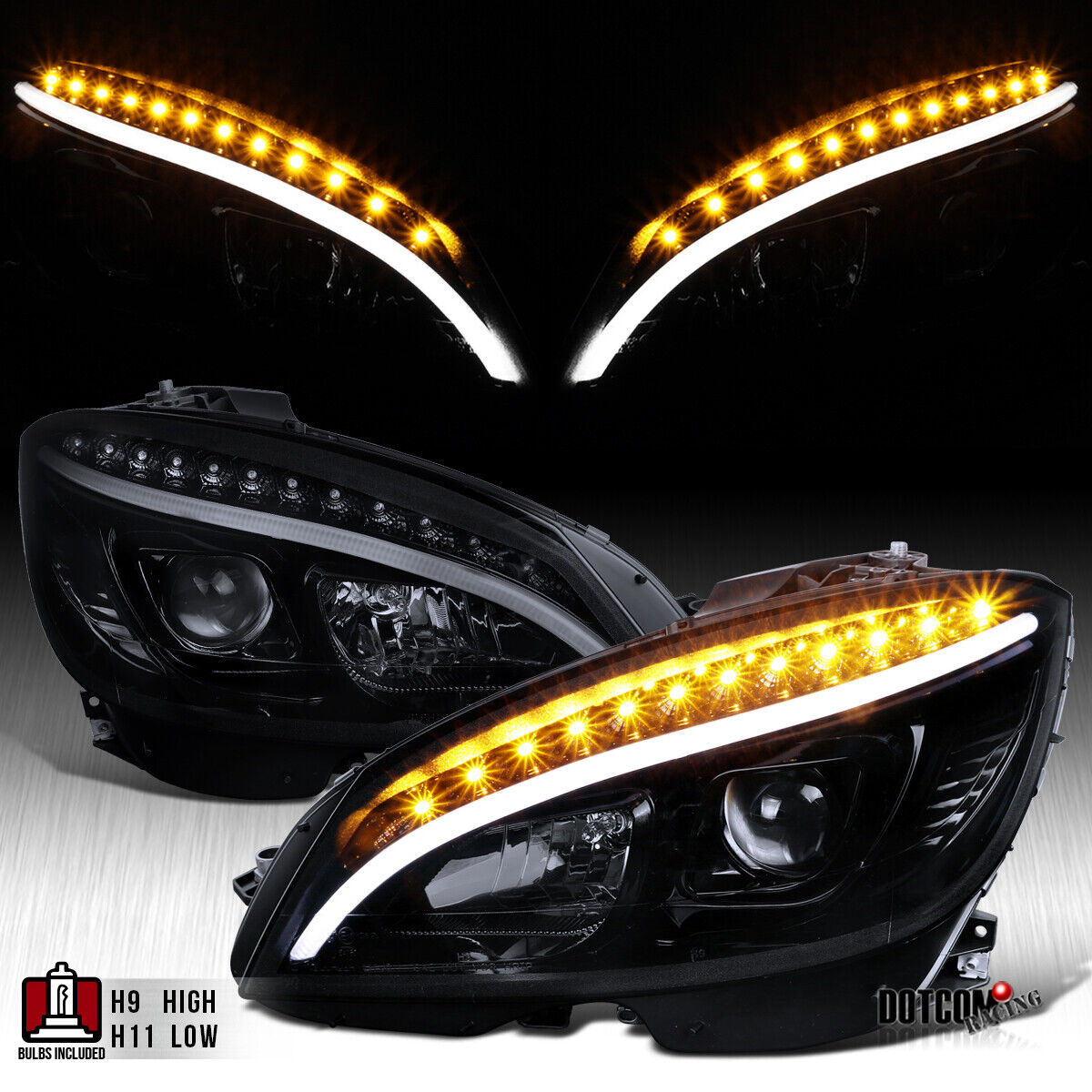 Fit 2008-2011 Benz W204 C300 C350 Black Smoke Projector Headlights LED Signal