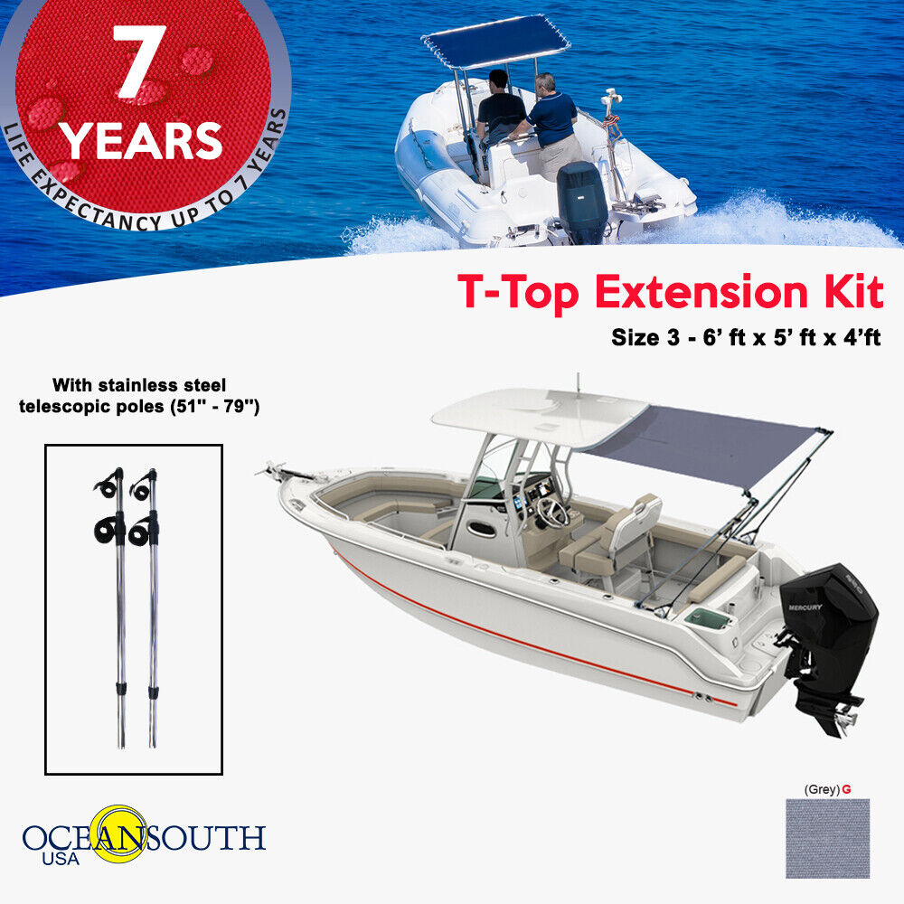 Oceansouth T-Top Extension Kit, Boat Stern Shade - Extends up to 6' x 5'  Gray