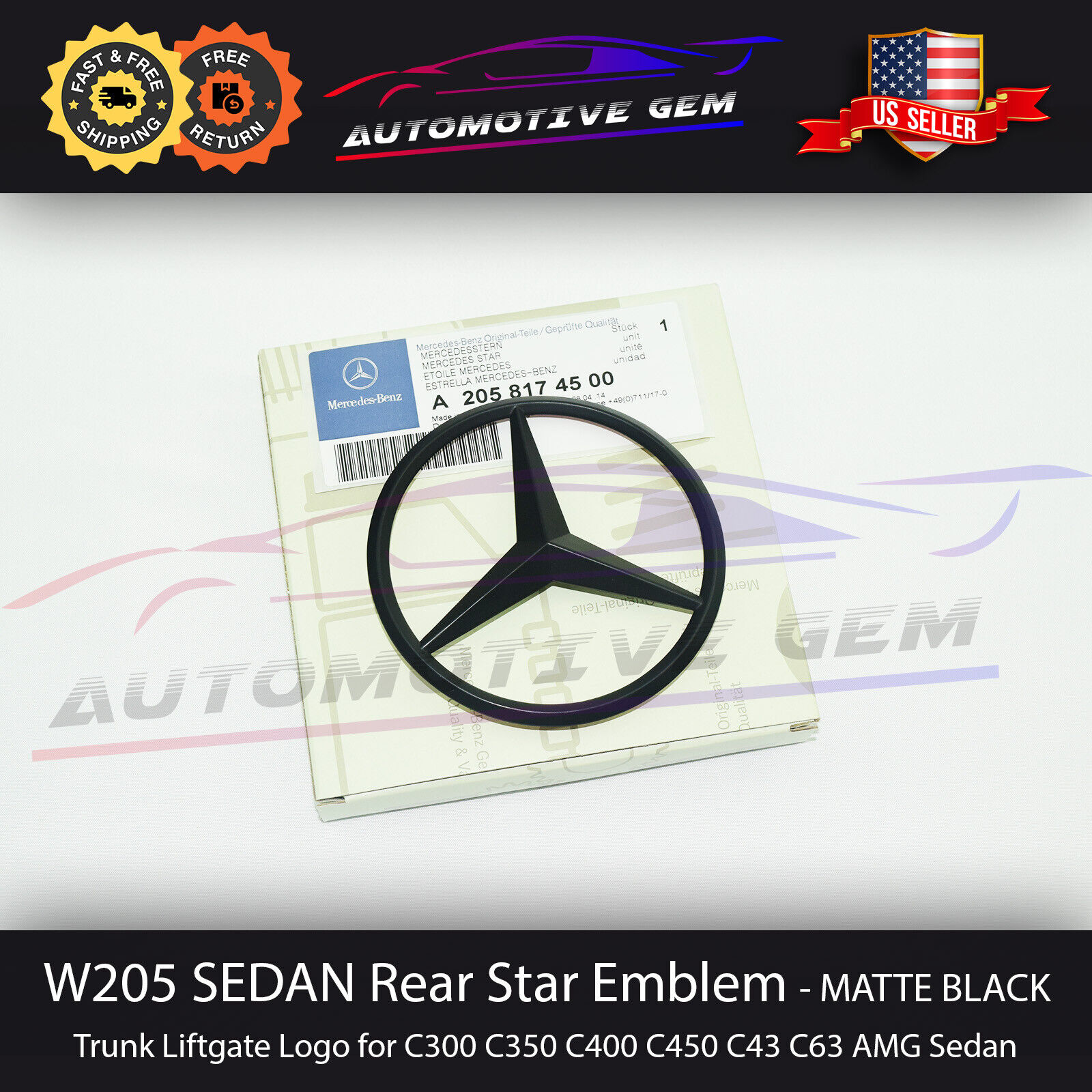 W204 Mercedes MATTE BLACK Star Emblem Rear Trunk Lid Logo Badge AMG C300 C63