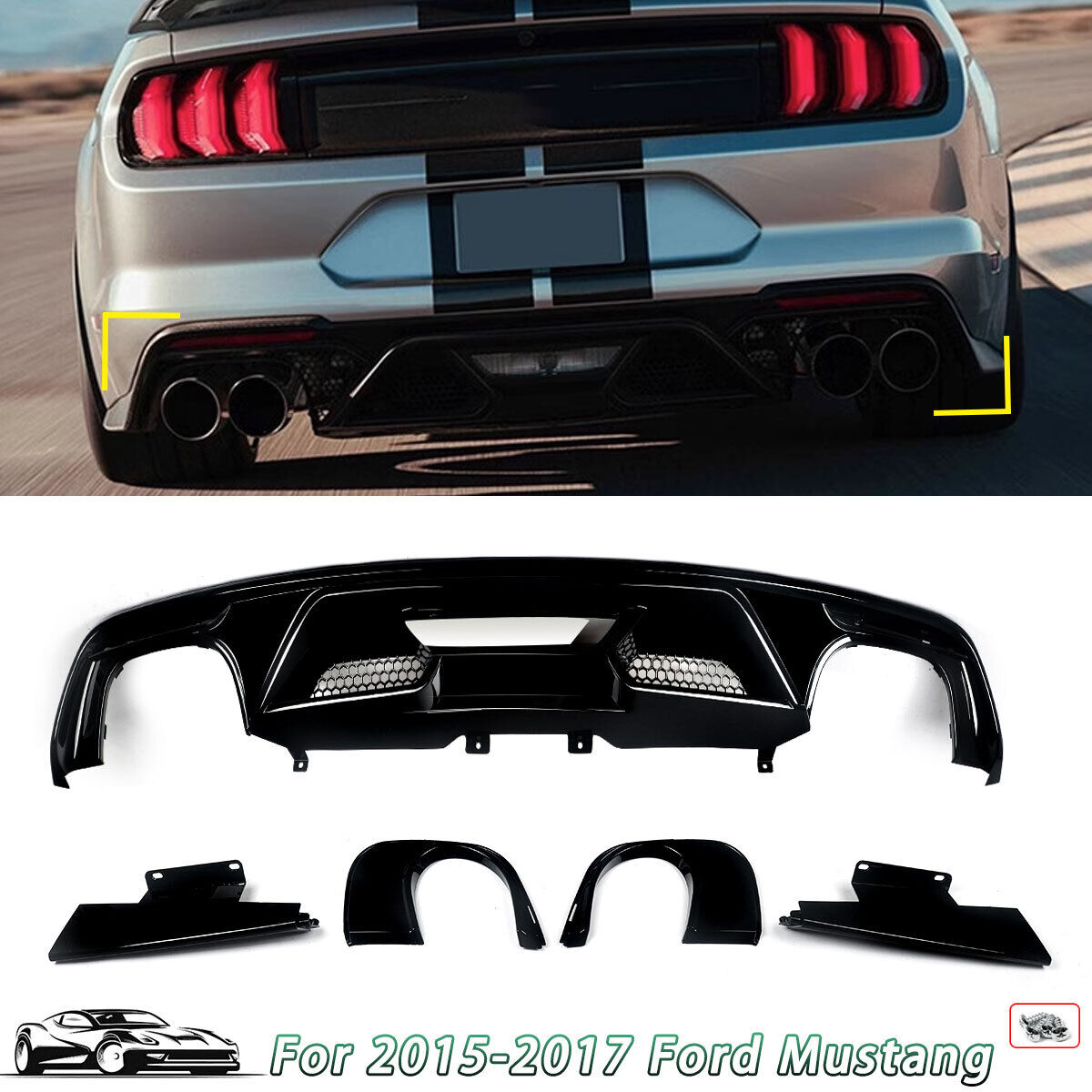 GT500 Style Fits 15-17 Ford Mustang Gloss Black Rear Bumper Diffuser Lip Valance
