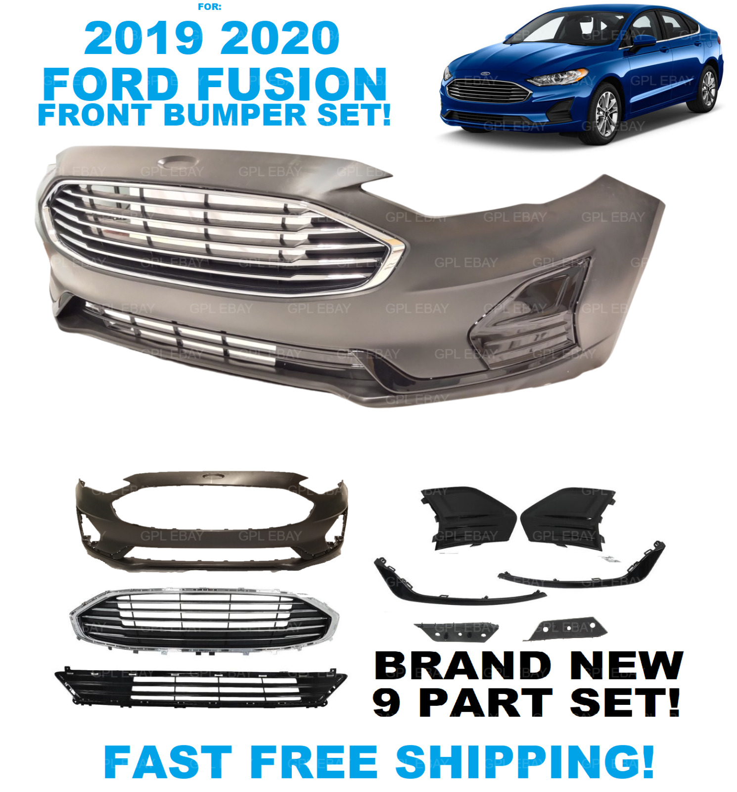 Fits 2019 2020 Ford Fusion Front Bumper & Upper Lower GRILL FOG COVERS