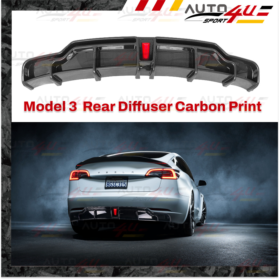 For 2017-23 Tesla Model 3 w/LED Light Diffuser Carbon Print Rear Bumper Diffuser
