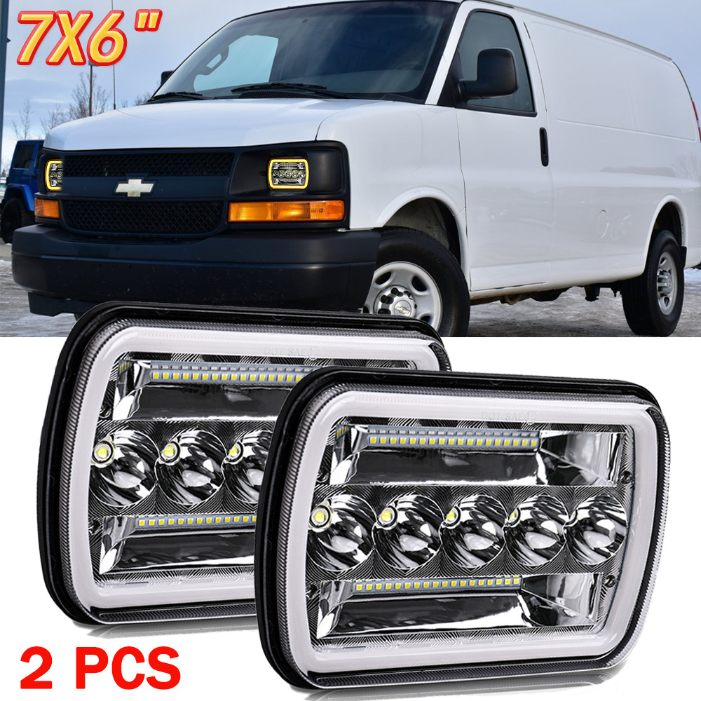 For Chevy Express Cargo Van 1500 2500 3500 Pair 7x6 5x7 LED Headlights Hi/Lo DRL