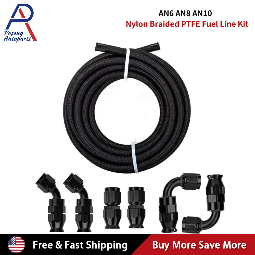 AN4/6/8/10 Nylon Braided PTFE Fuel Line 10/20FT 6PCS Fittings Hose Kit E85 Black
