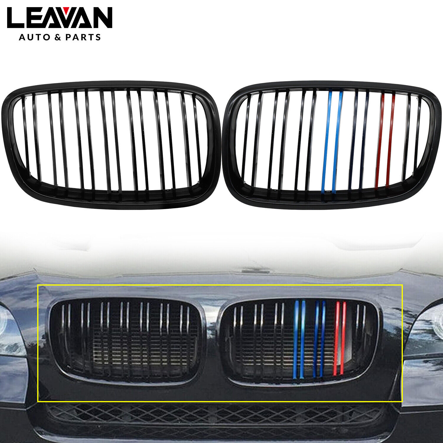 M-Color Gloss Black Front Grill Grille Dual Slat For BMW X5 X6 E70 E71 2007-2013