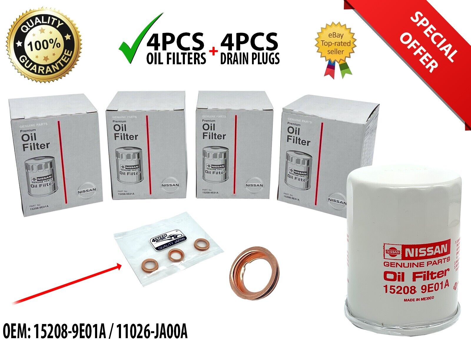 4 PCS NEW Genuine Nissan Oil Filter + Drain Plug 15208-9E01A FITS ALL MODELS