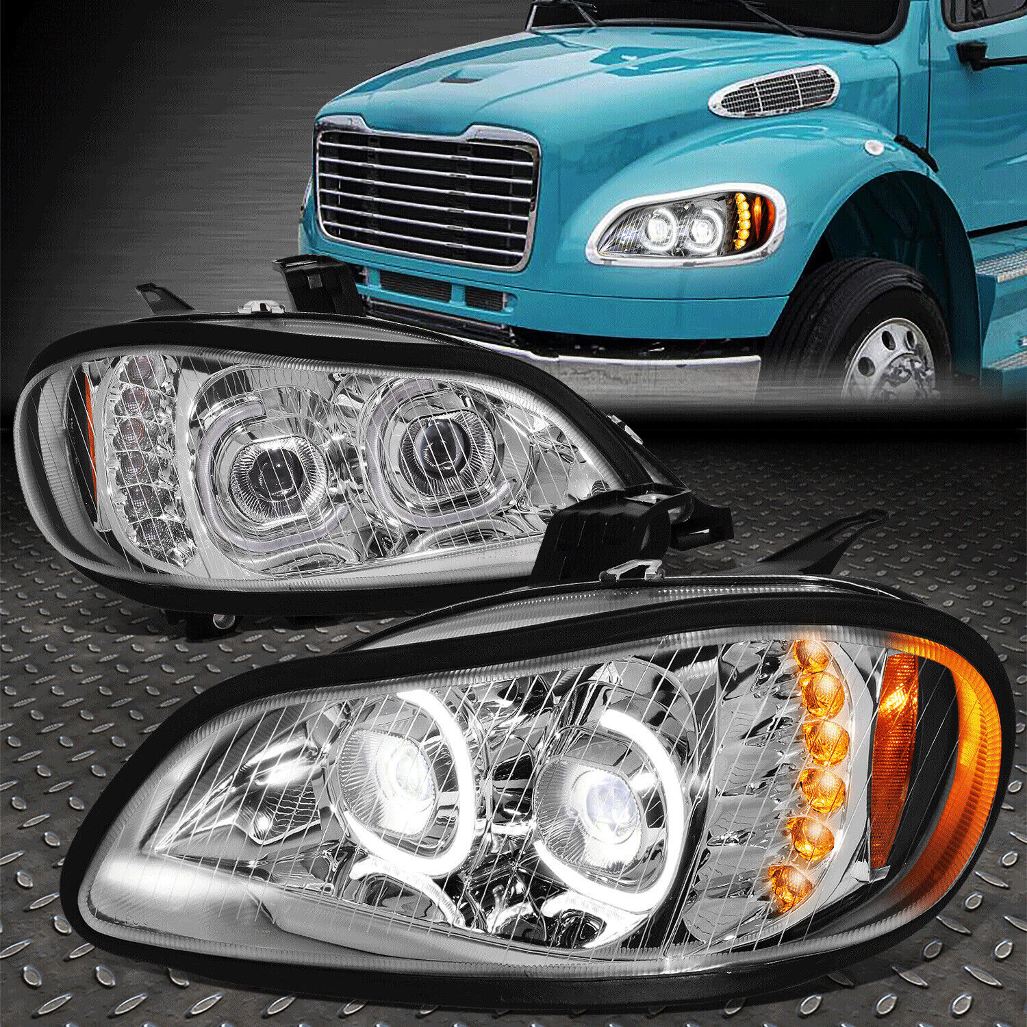[LED DRL+SIGNAL]FOR 03-19 FREIGHTLINER M2 106 112 PROJECTOR HEADLIGHTS CHROME