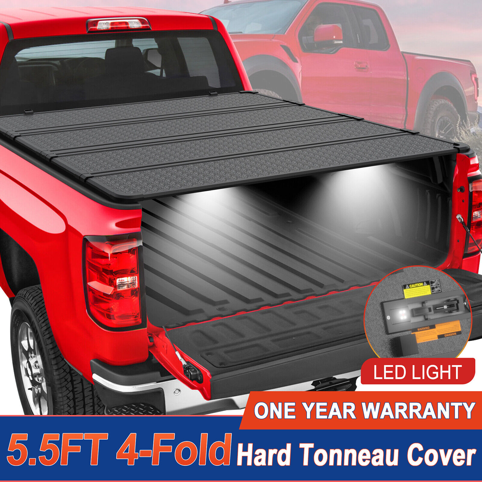 5.5FT Hard Tonneau Cover 4-Fold For 2015-2024 Ford F150 F-150 Truck Bed W/ Lamp