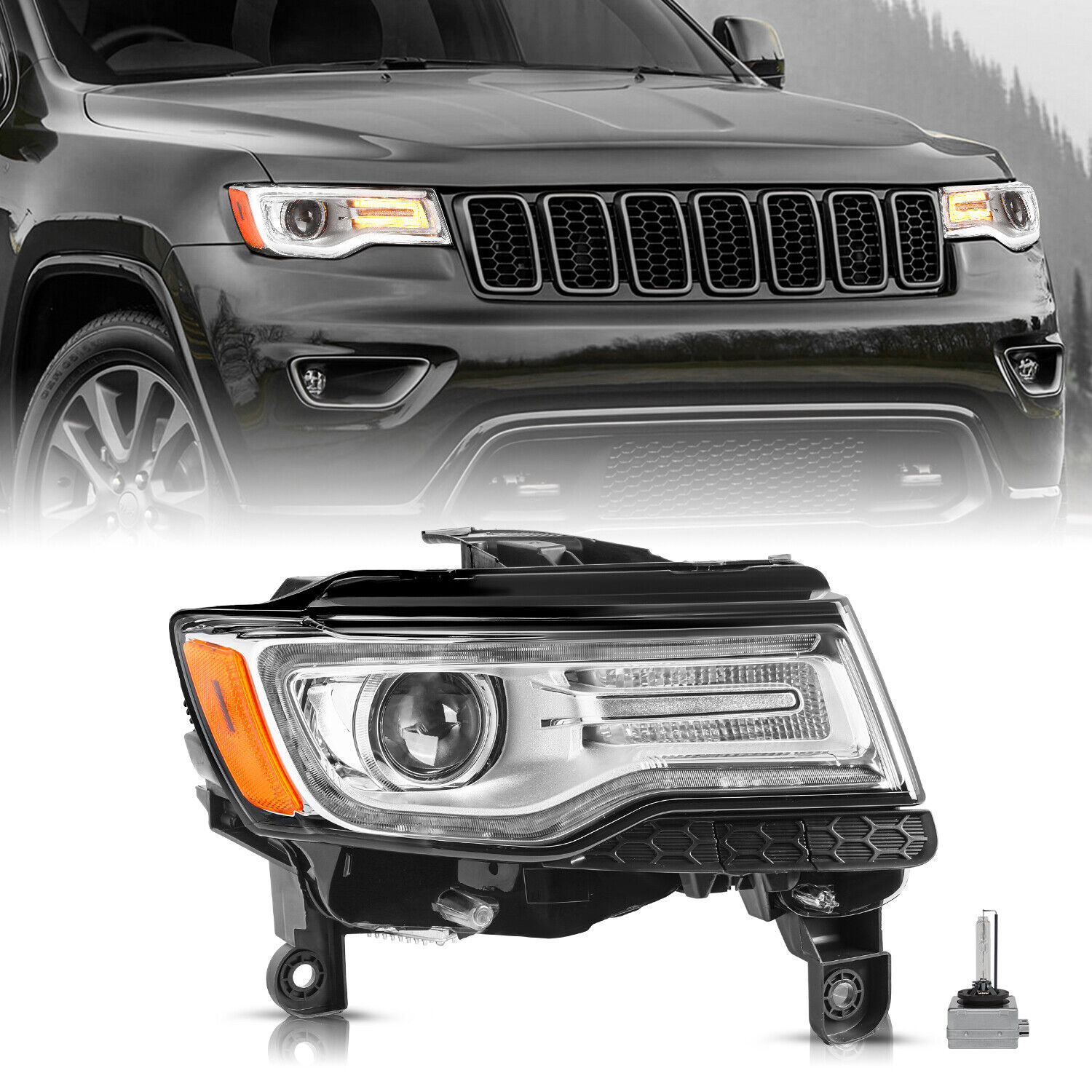 For 2014-2021 Jeep Grand Cherokee Chrome HID Headlight w/BALLAST&BULBS Lamp RH