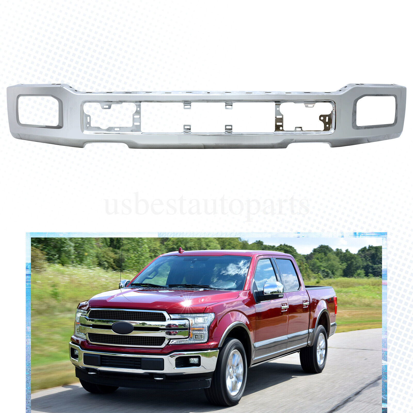 Steel Front Bumper Cover Face Bar Chrome W/Fog Light Hole For 2018-20 Ford F150