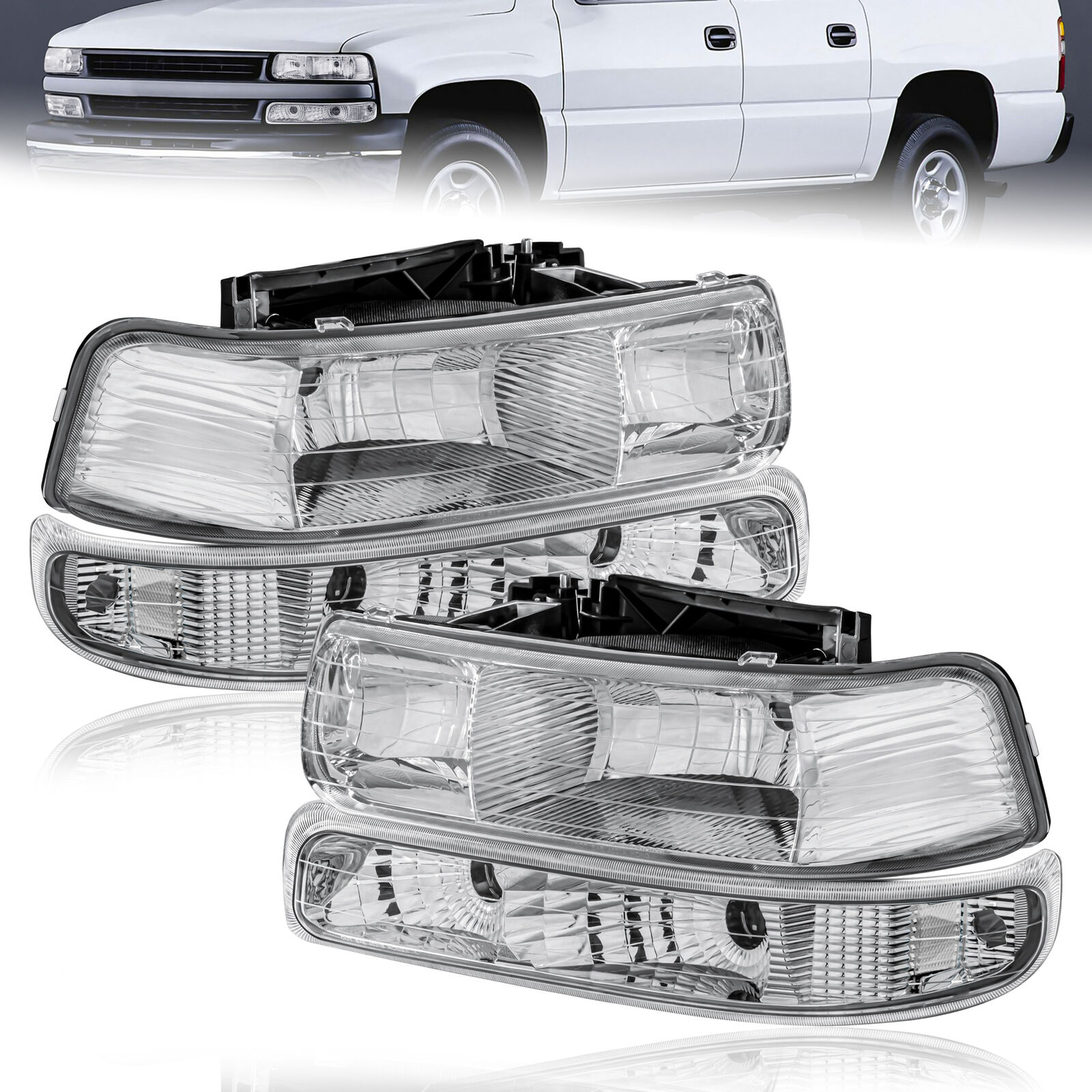 2X Chrome Headlights & Bumper Lamps For 99-02 Chevy Silverado 1500 00-06 Tahoe
