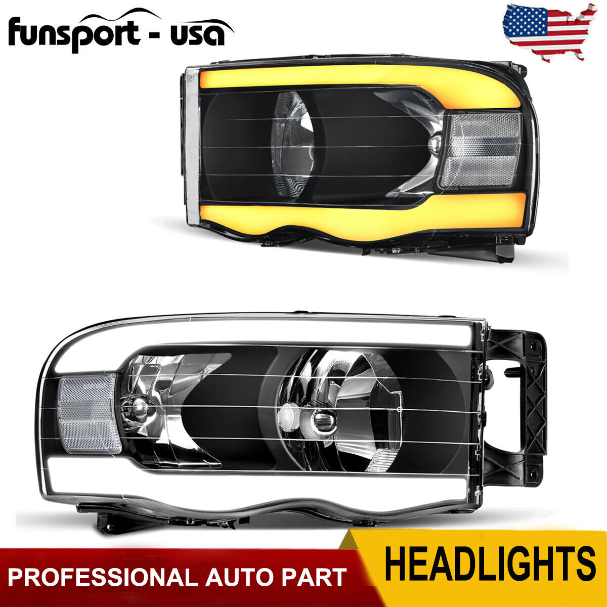 [LED DRL] FOR 2002-2005 DODGE RAM 1500 BLACK SEQUENTIAL TURN SIGNAL HEADLIGHTS