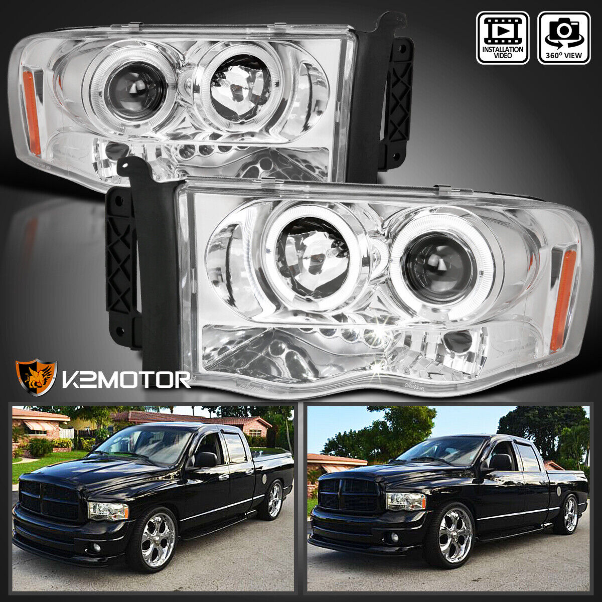 Fits 2002-2005 Dodge Ram 1500 2500 3500 LED Halo Projector Headlights Left+RIght