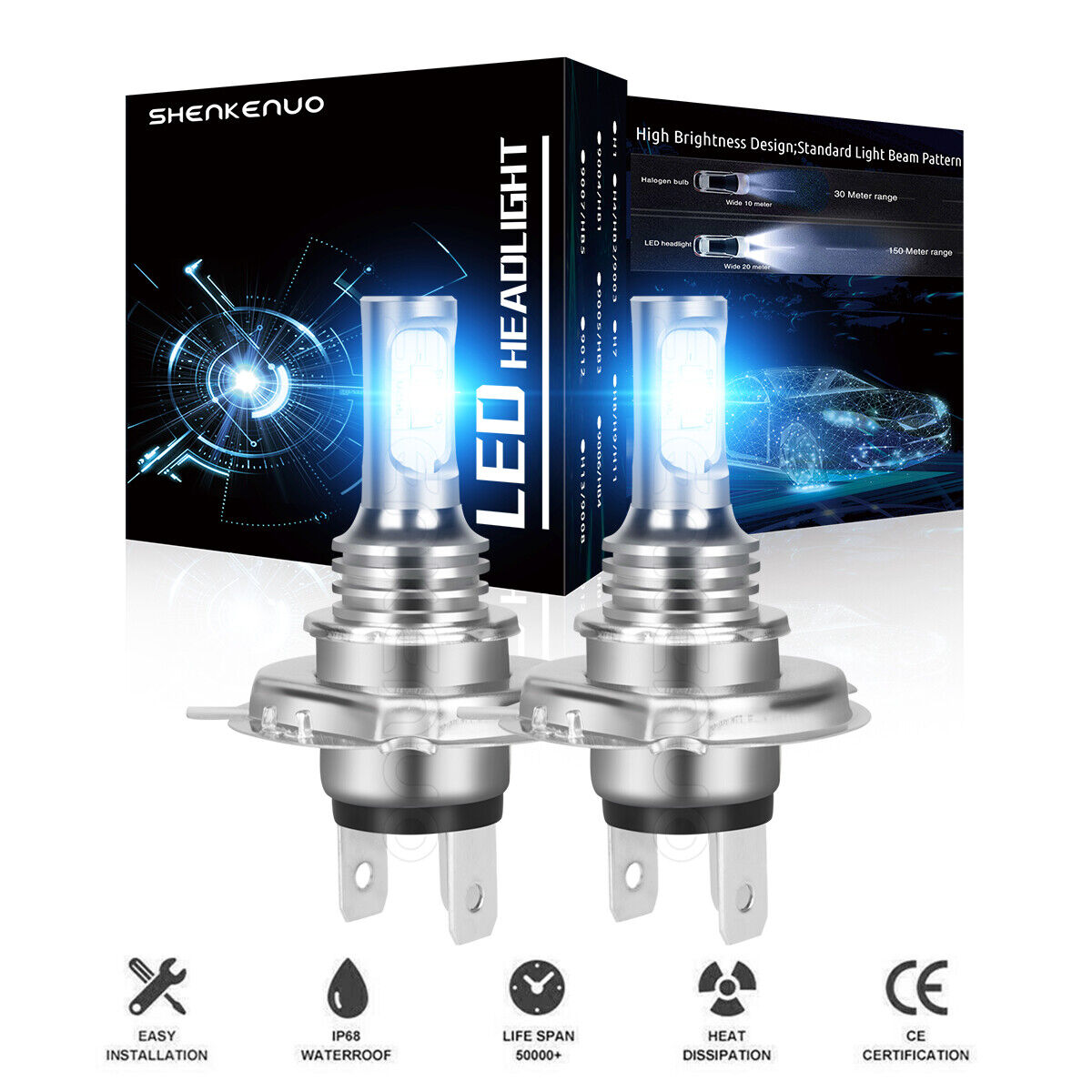 2pcs H4 9003 LED Headlight Bulbs Conversion Kit High Low Beam 35W 8000K Blue