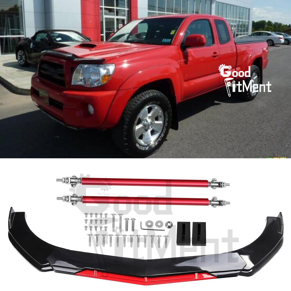 For Toyota Tacoma 2005-2015 Glossy Black Front Bumper Red Lip + Strut Rods Bar