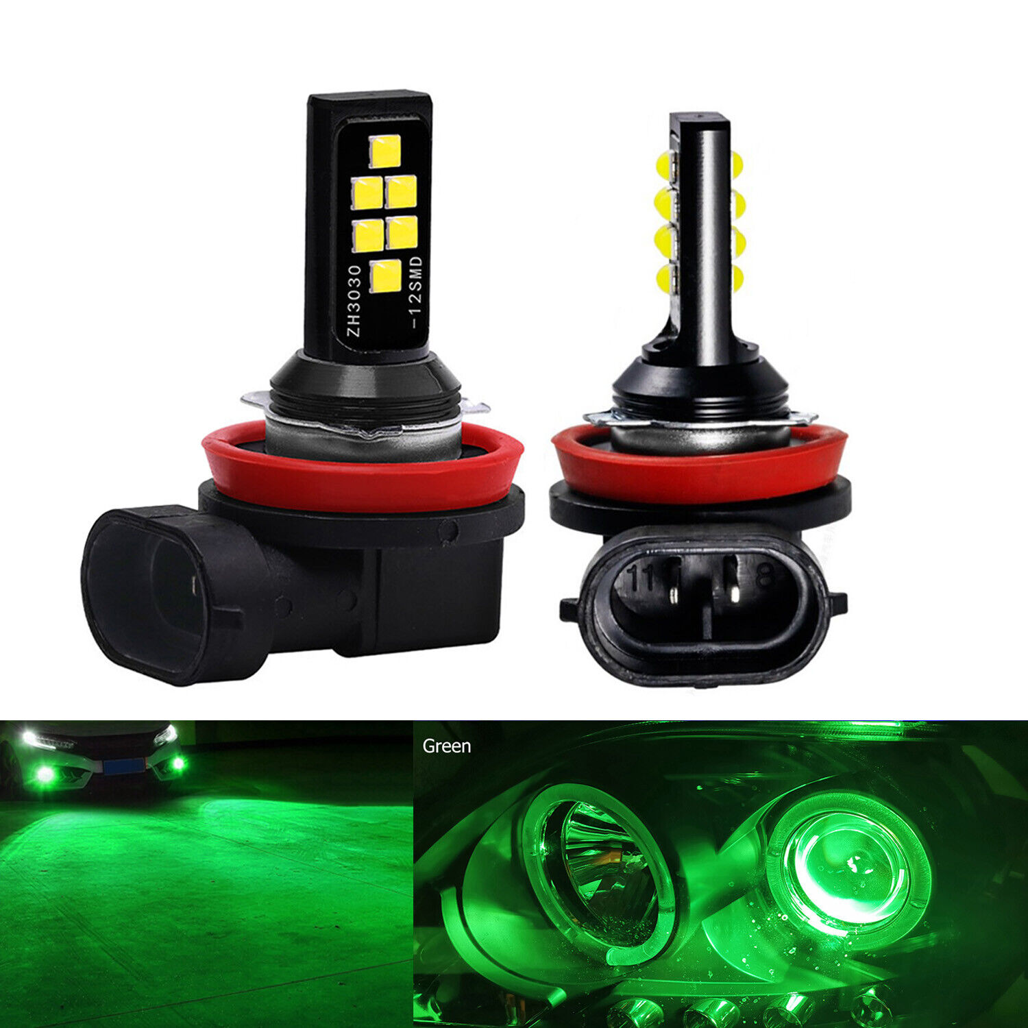 2x H11 H9 H8 Green LED Headlight Bulbs SMD 3030 Fog Driving Light Super Bright