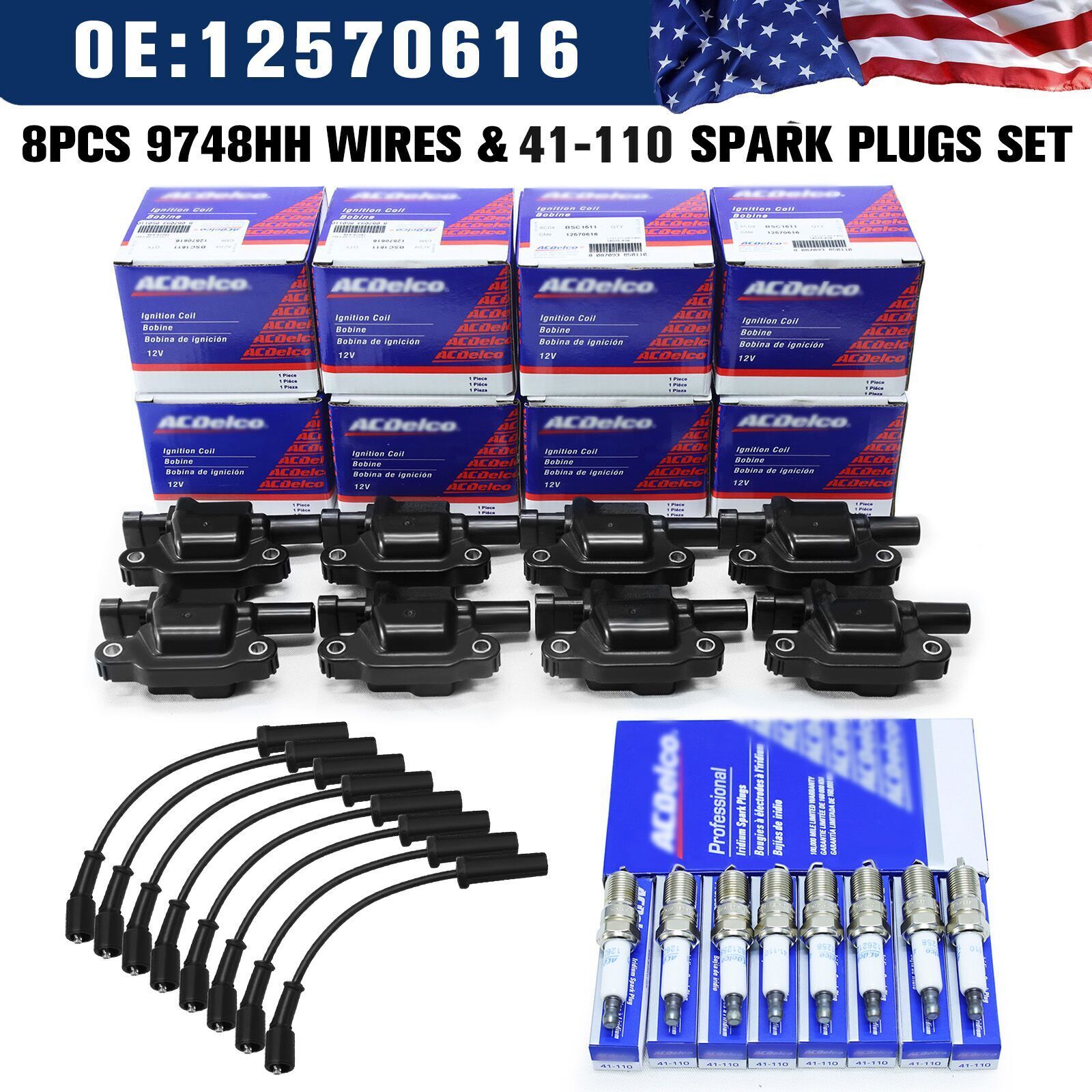8PC OEM AcDelco UF413 Ignition Coil + 41-110 Spark Plug + 9748UU Wire For GMC