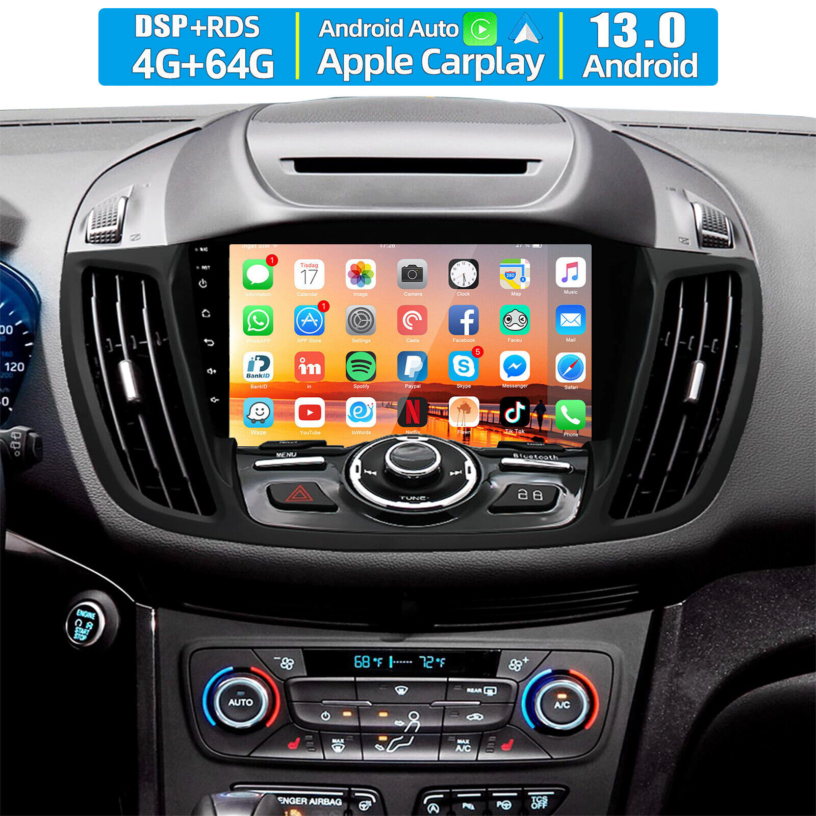 Android 13 Carplay For Ford  Escape 2013-2019 Car Radio Stereo Wireless GPS Navi