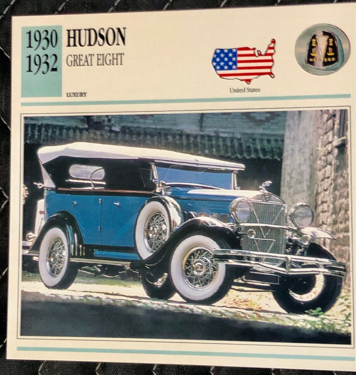 1930 Hudson Great Eight Picture Card, Specifications on back 8 Cylinder Phaeton 