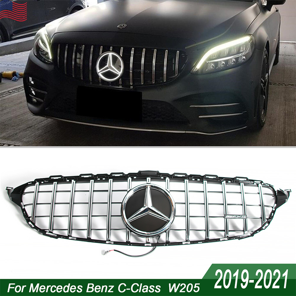 GTR Style Grille Grill W/LED Emblem For Mercedes Benz C300 C43 AMG W205 2019-21