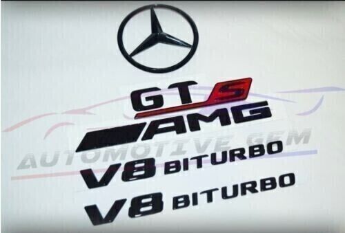 GTS AMG V8 BITURBO Star Emblem glossy Black Badge Combo for Mercedes C190 R190