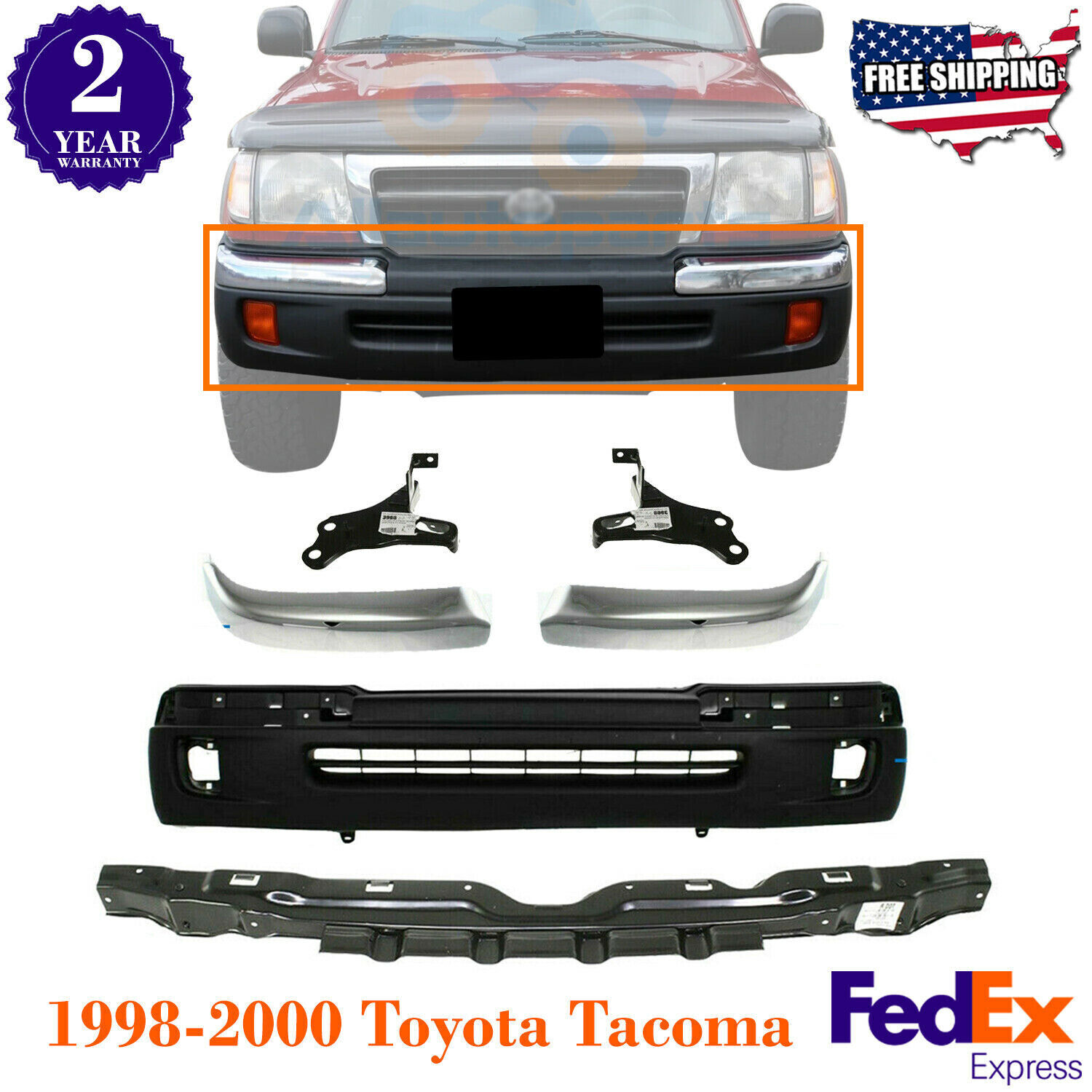 Front Bumper Kit + Brackets For 1998-2000 Toyota Tacoma