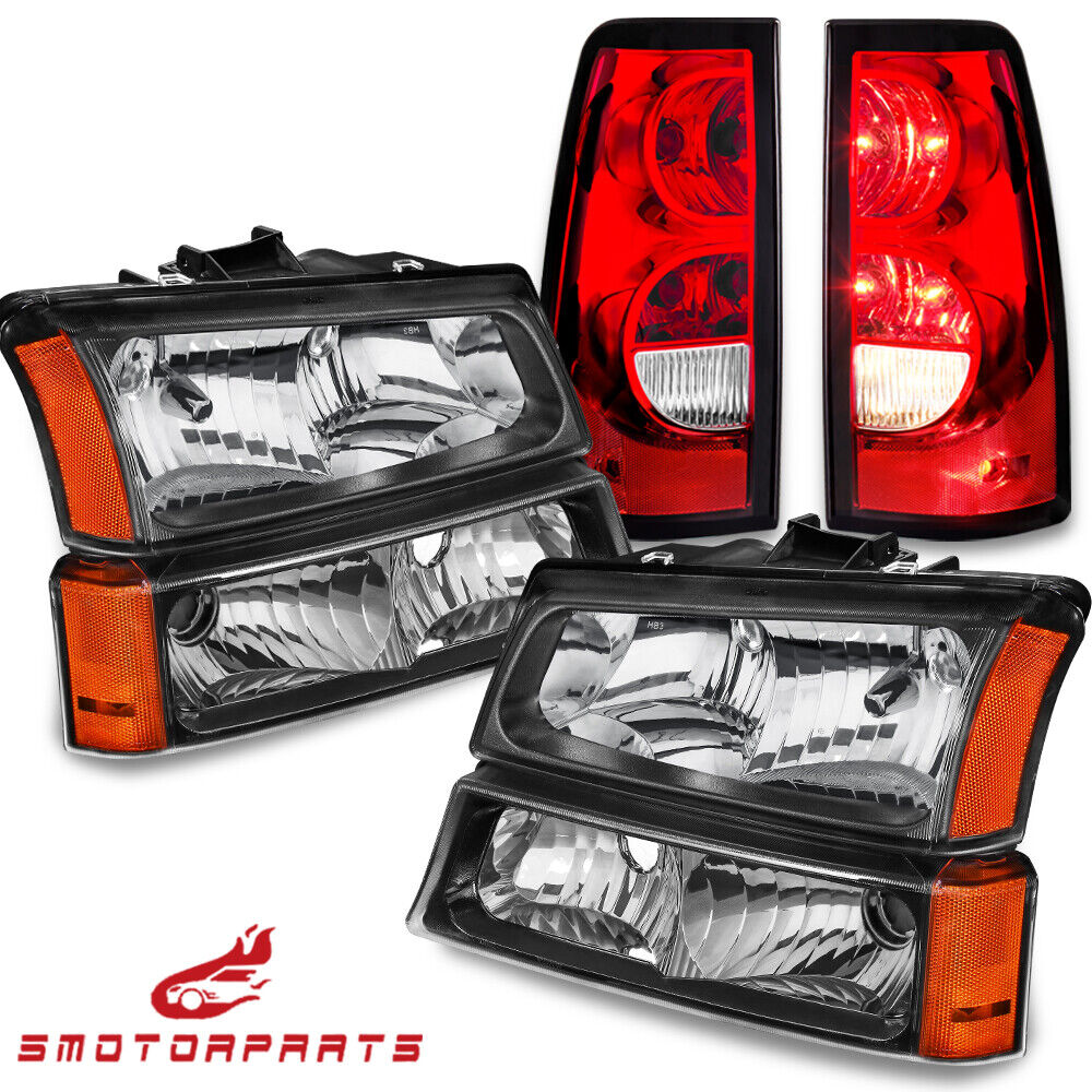 For 2003-2006 Chevy Silverado Black Housing Headlights & Red Tail Lights