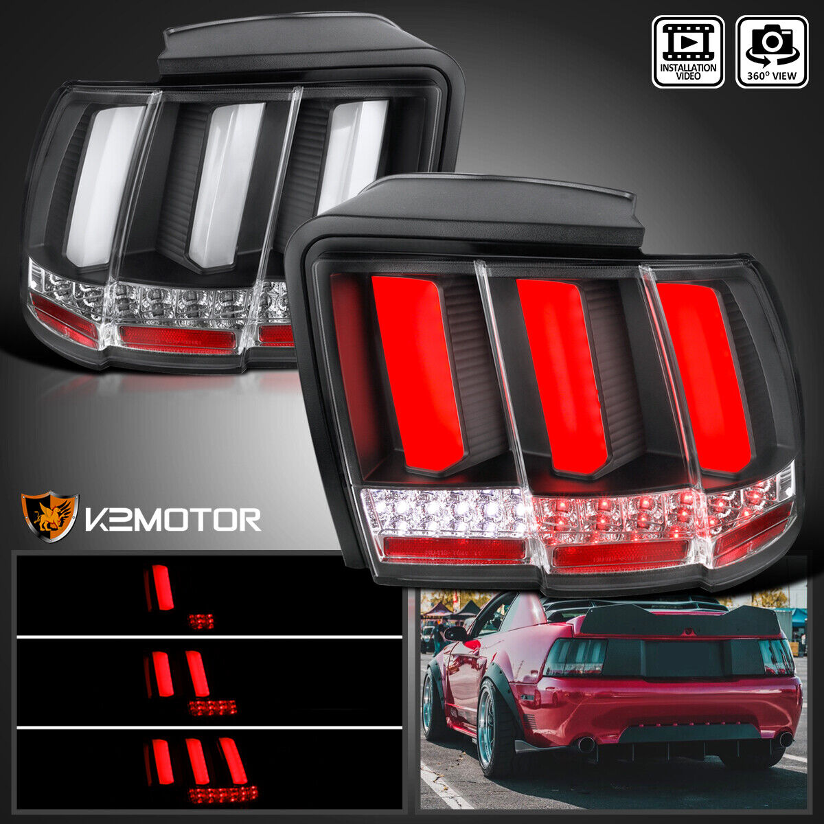 Fits Black 1999-2004 Ford Mustang Sequential Signal Tube LED Tail Lights Lamps