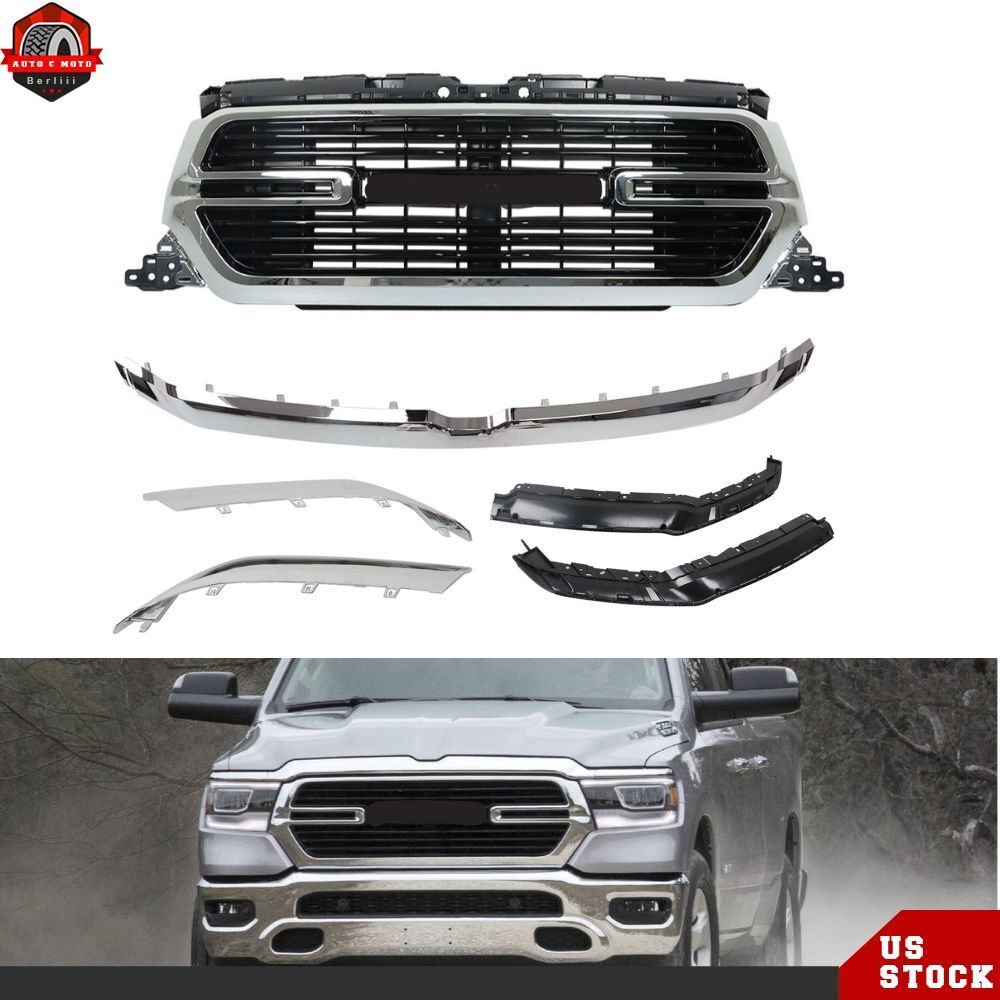 For 2019 2020 2021 2022 Ram 1500 Front Upper Grill + Grille Molding Trim Chrome