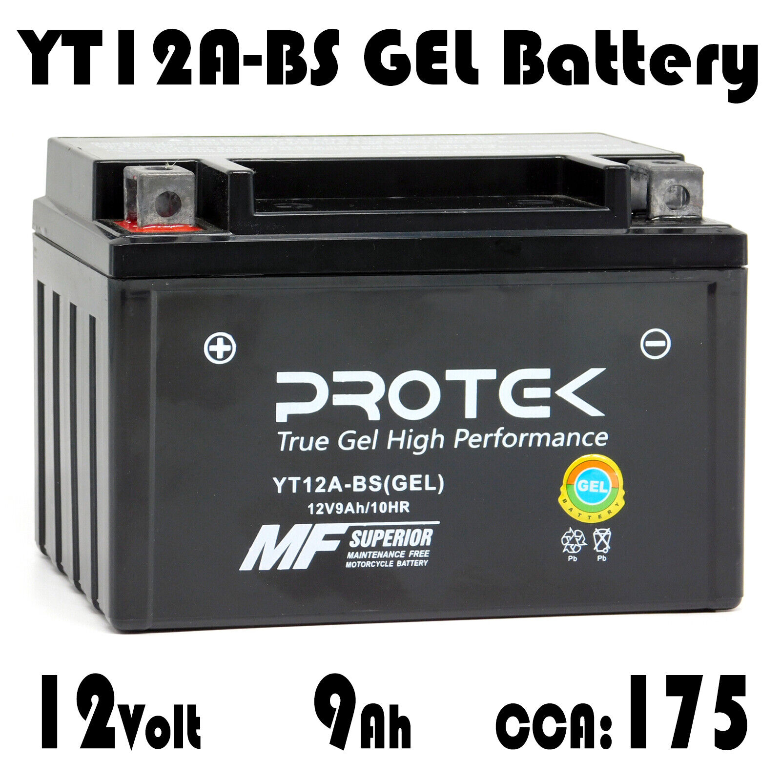 YT12A-BS Motorcycle 12V Sealed GEL Type Battery 9Ah ATV UTV PWC Power Sports