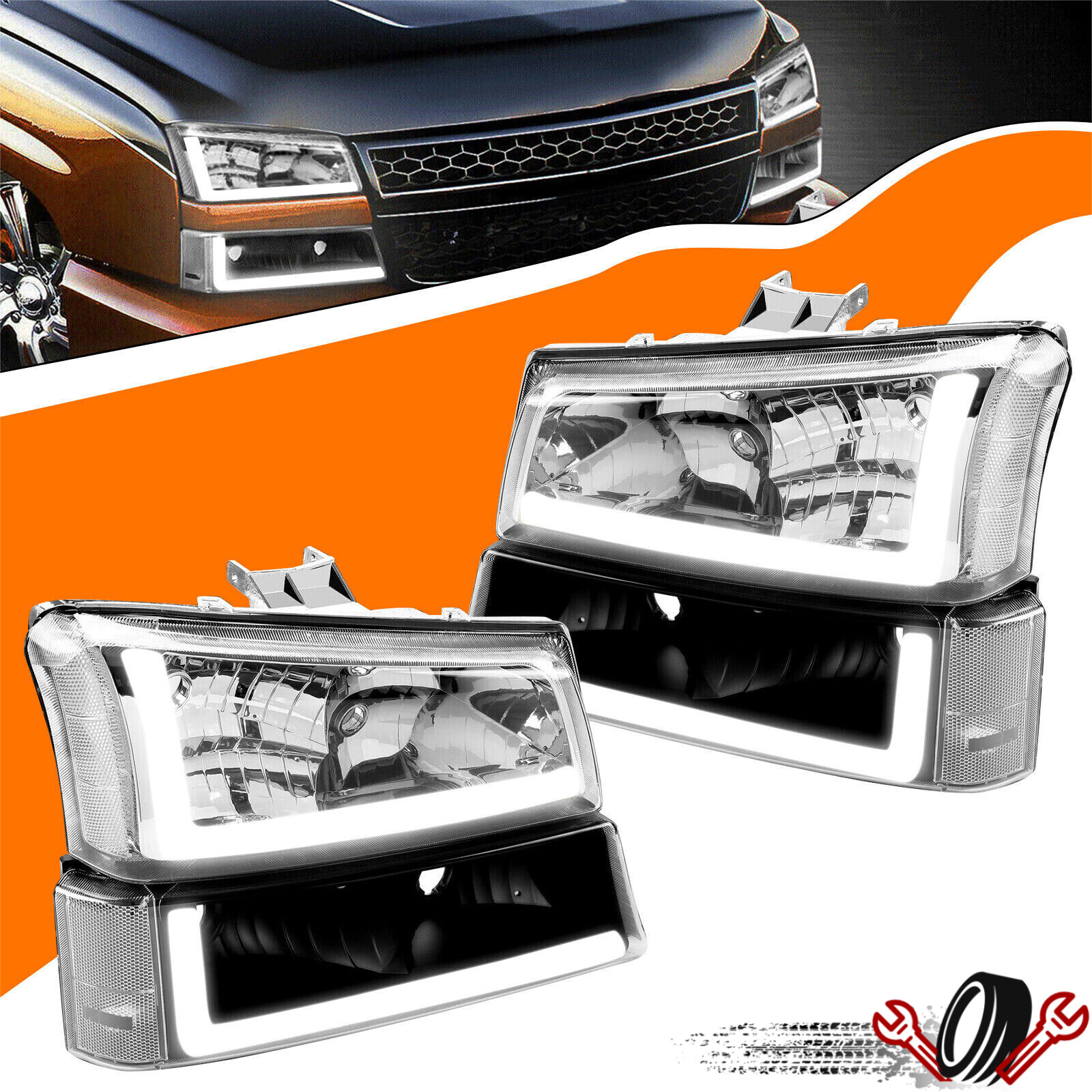 Fit For 2003-07 Chevy Silverado Avalanche Chrome / Black Headlights LED DRL Lamp