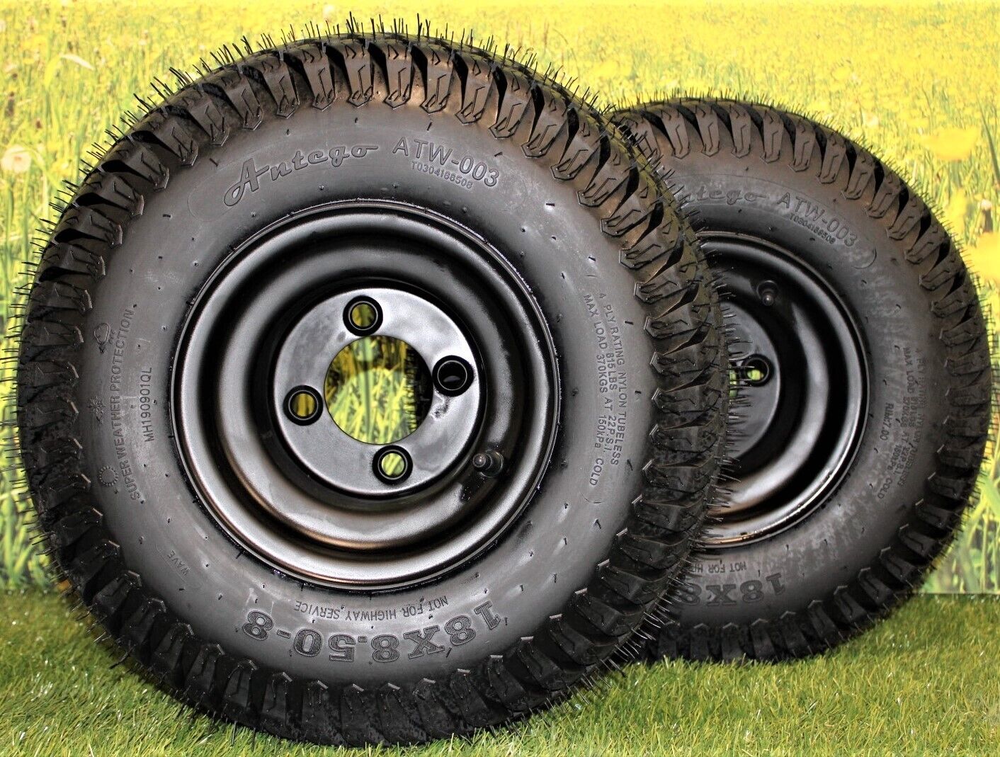 18x8.50-8 Turf Tires on 8x7 Matte Black Alloy Steel Wheels (Set of 2)