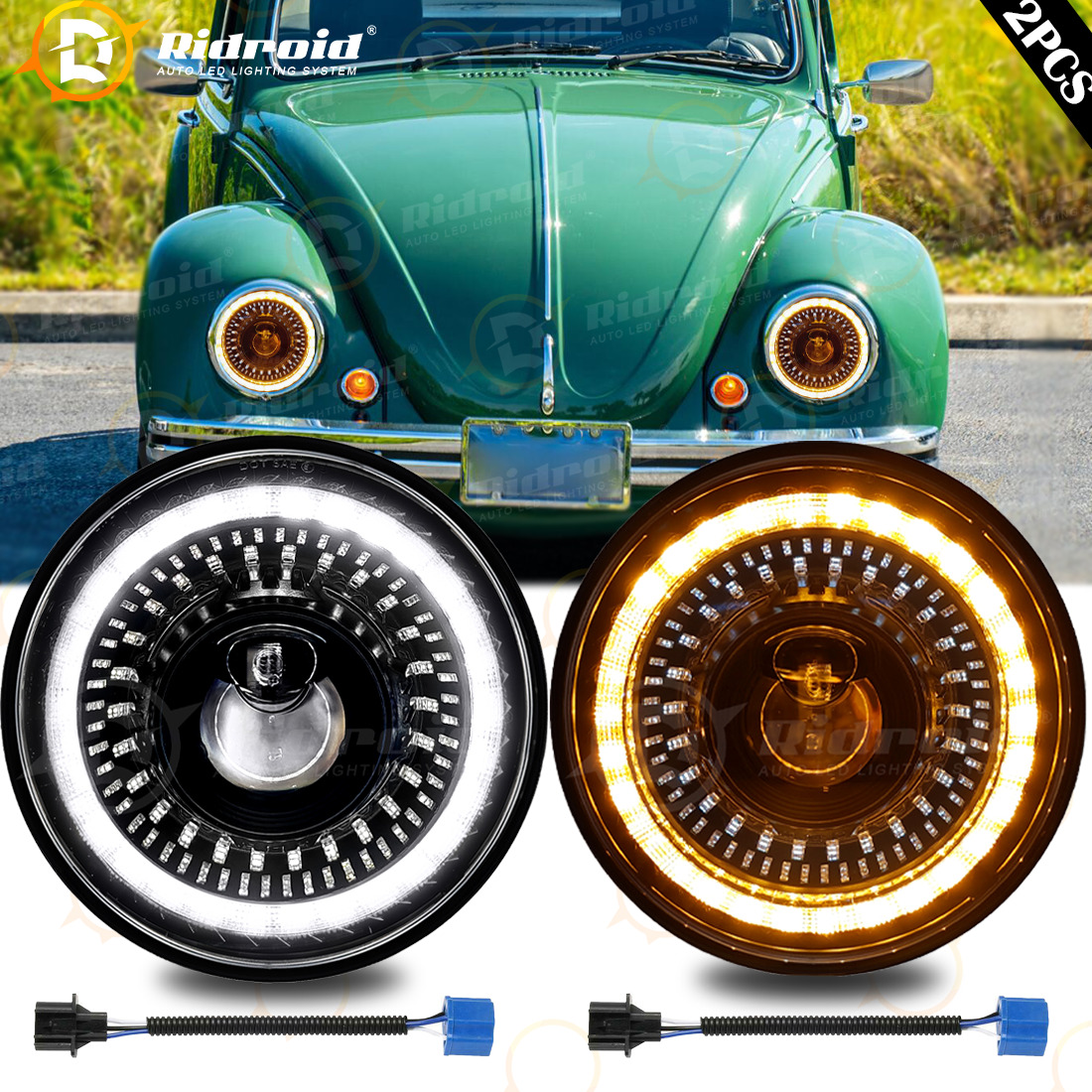 Pair 7 inch Round Headlights w/Starry DRL Start-up Gradien For VW Beetle Classic
