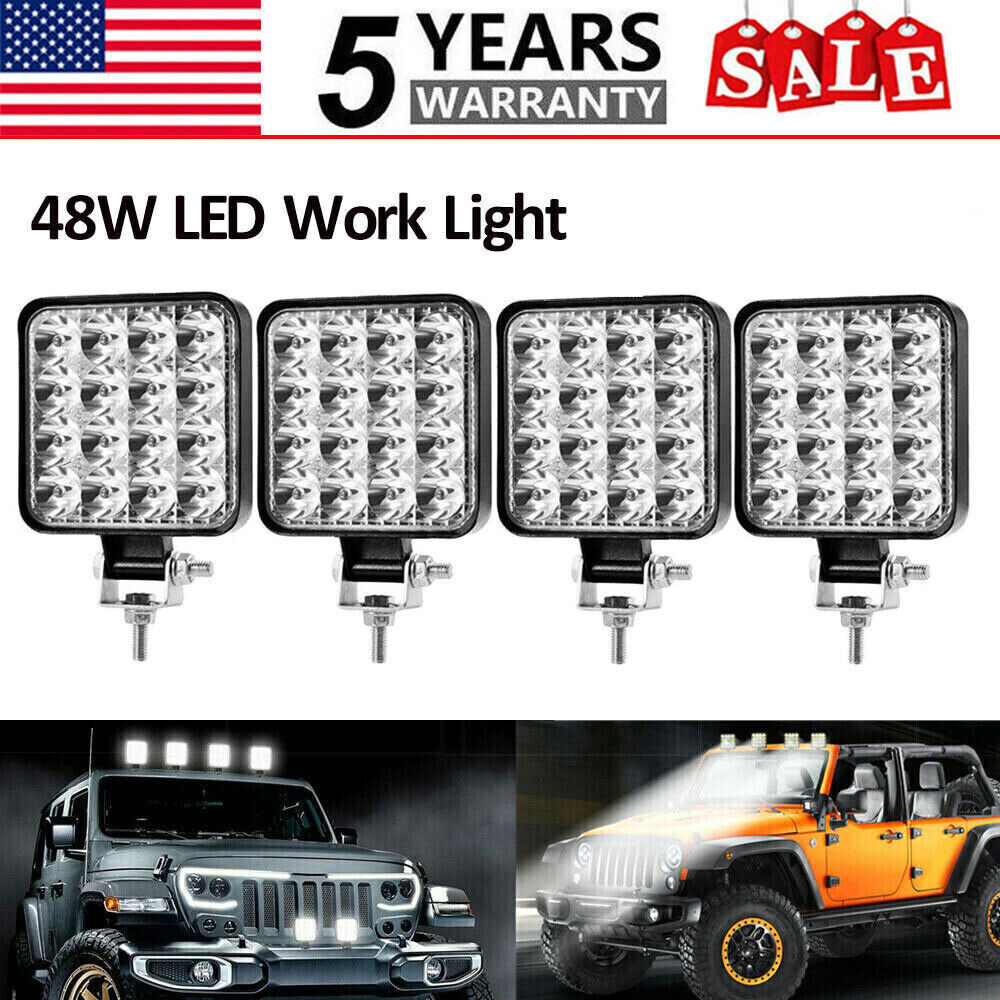 4PCS 48W 16 LED Work Light Truck Off-Road Tractor Flood Lights 12V 24V Square